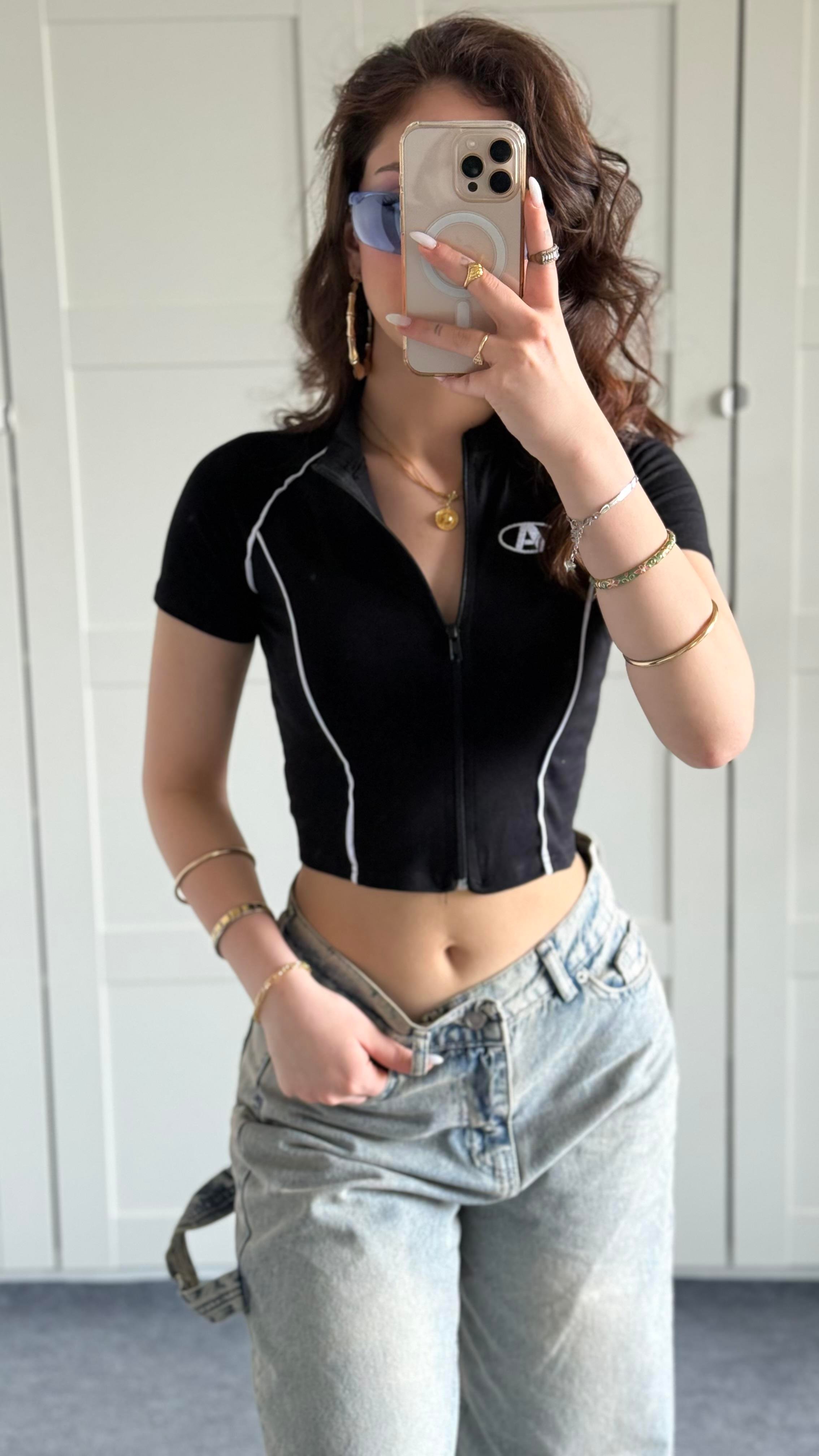 A Baskı Hırka Crop Siyah