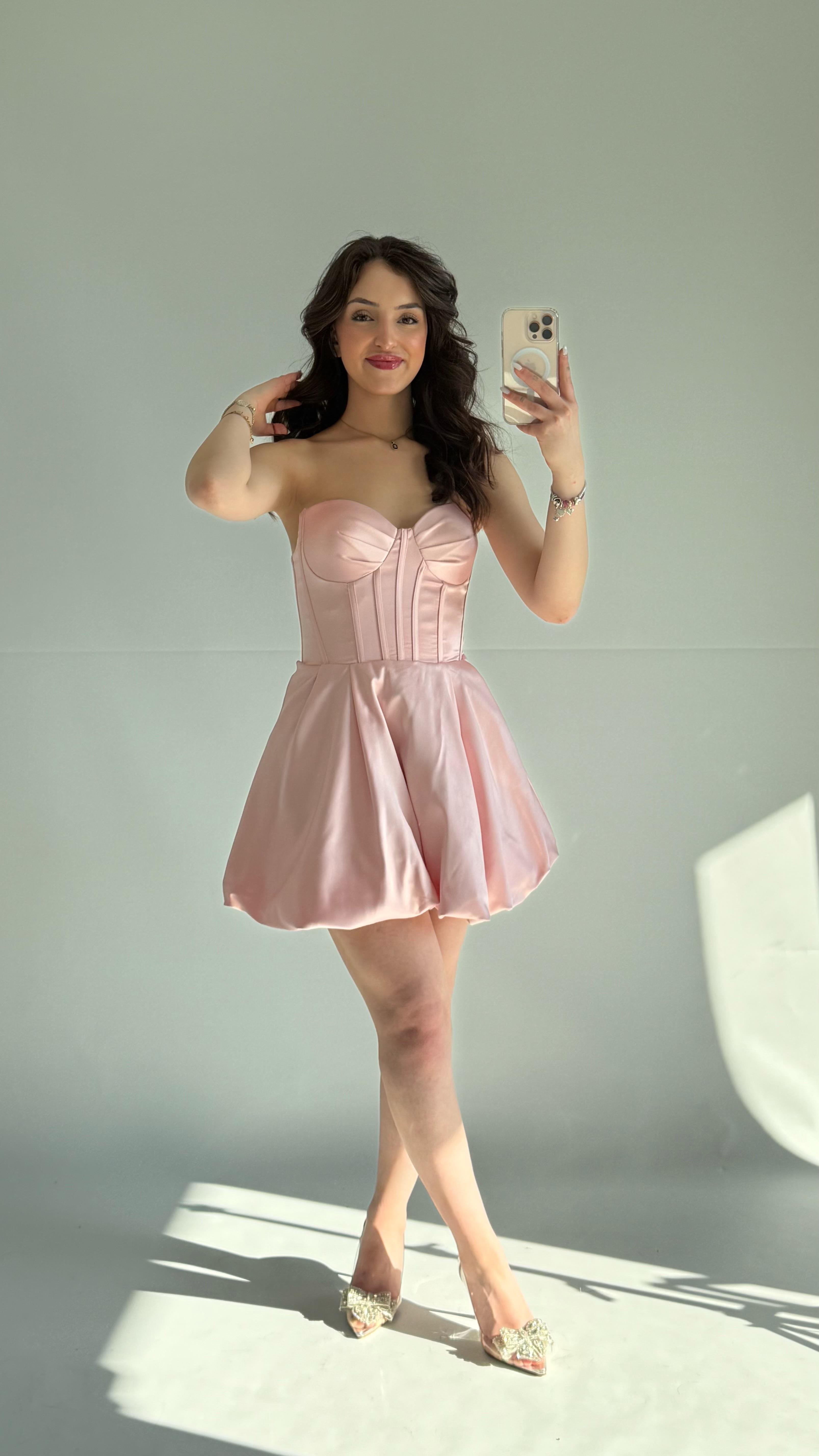 Afra Balon Etek Kısa Elbise Pudra Pembesi