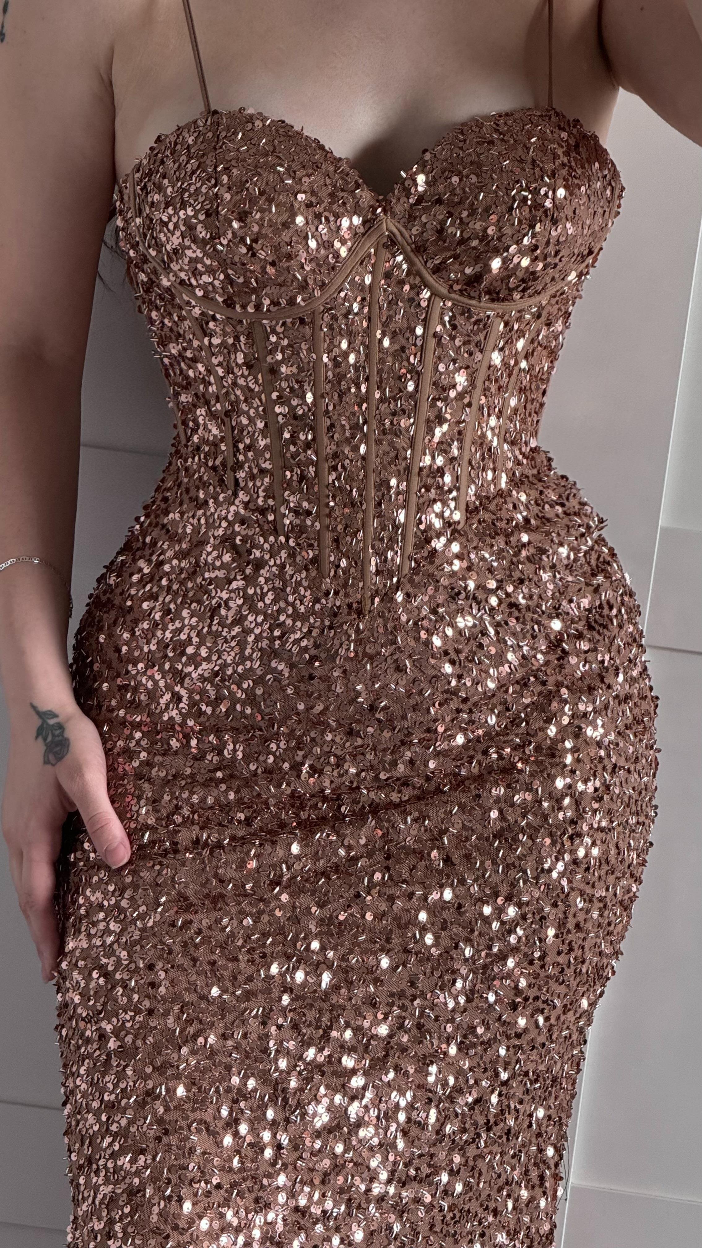 Afrodit Pul Payetli Rose Gold Abiye 