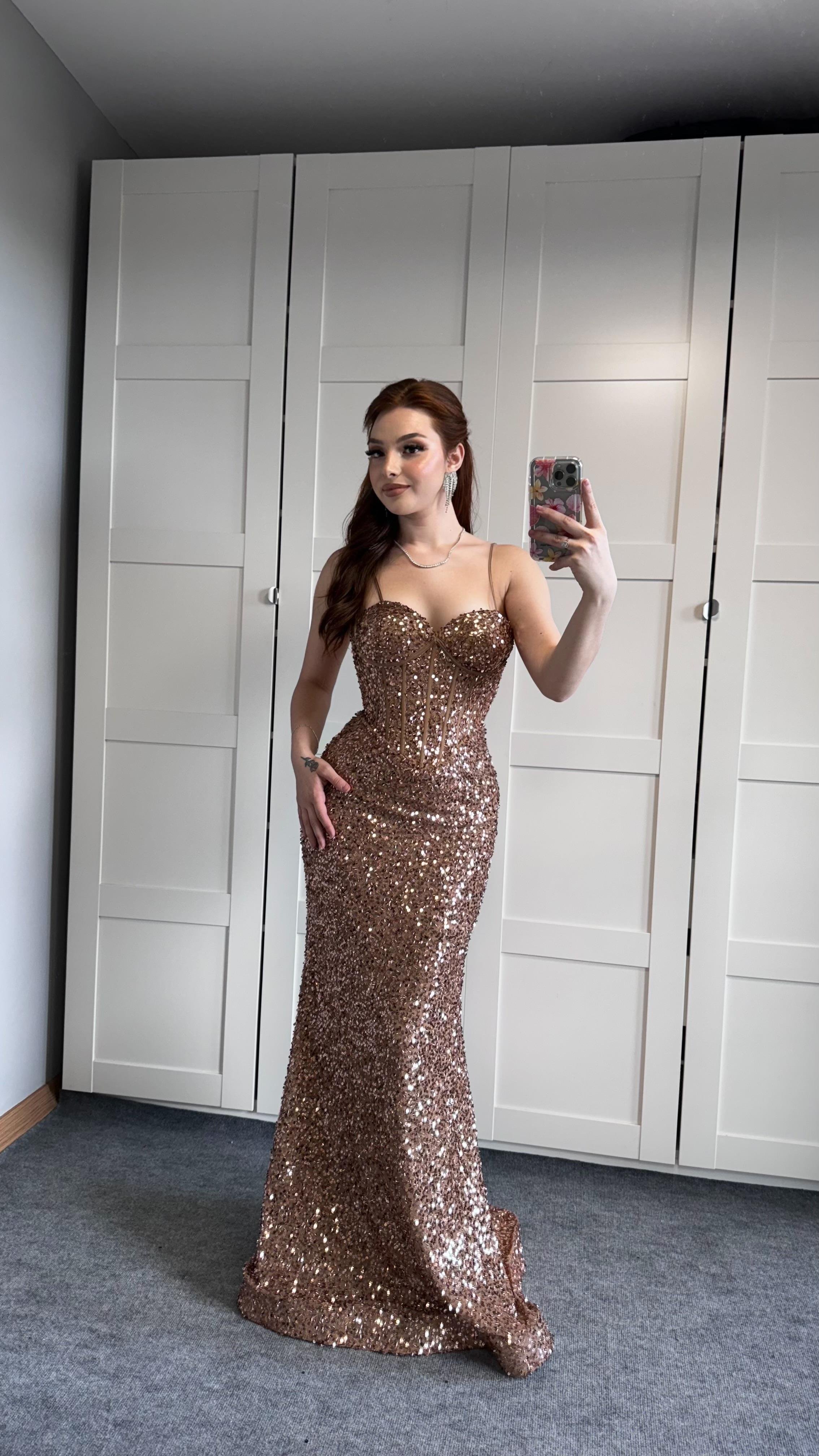Afrodit Pul Payetli Rose Gold Abiye 