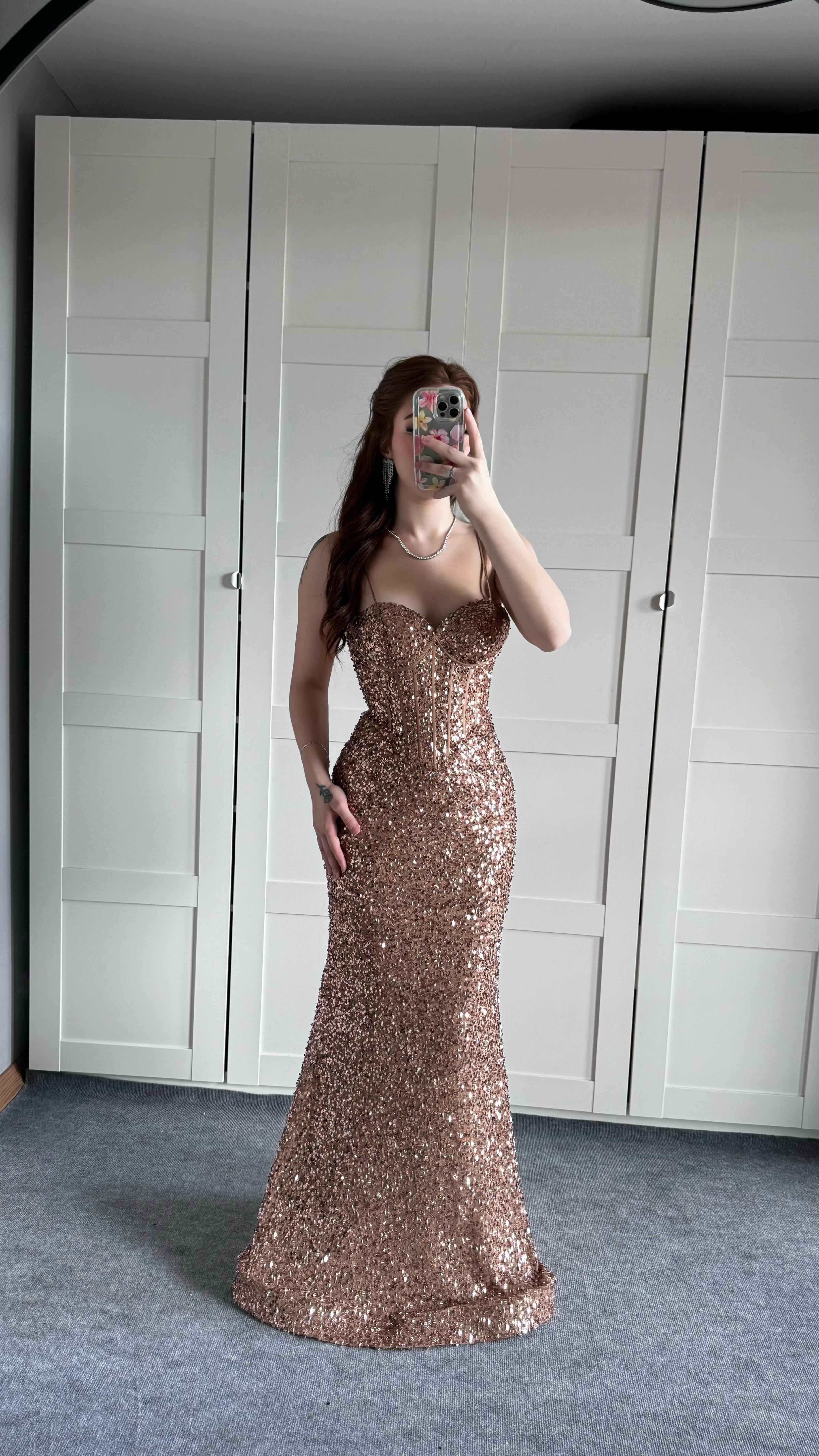 Afrodit Pul Payetli Rose Gold Abiye 