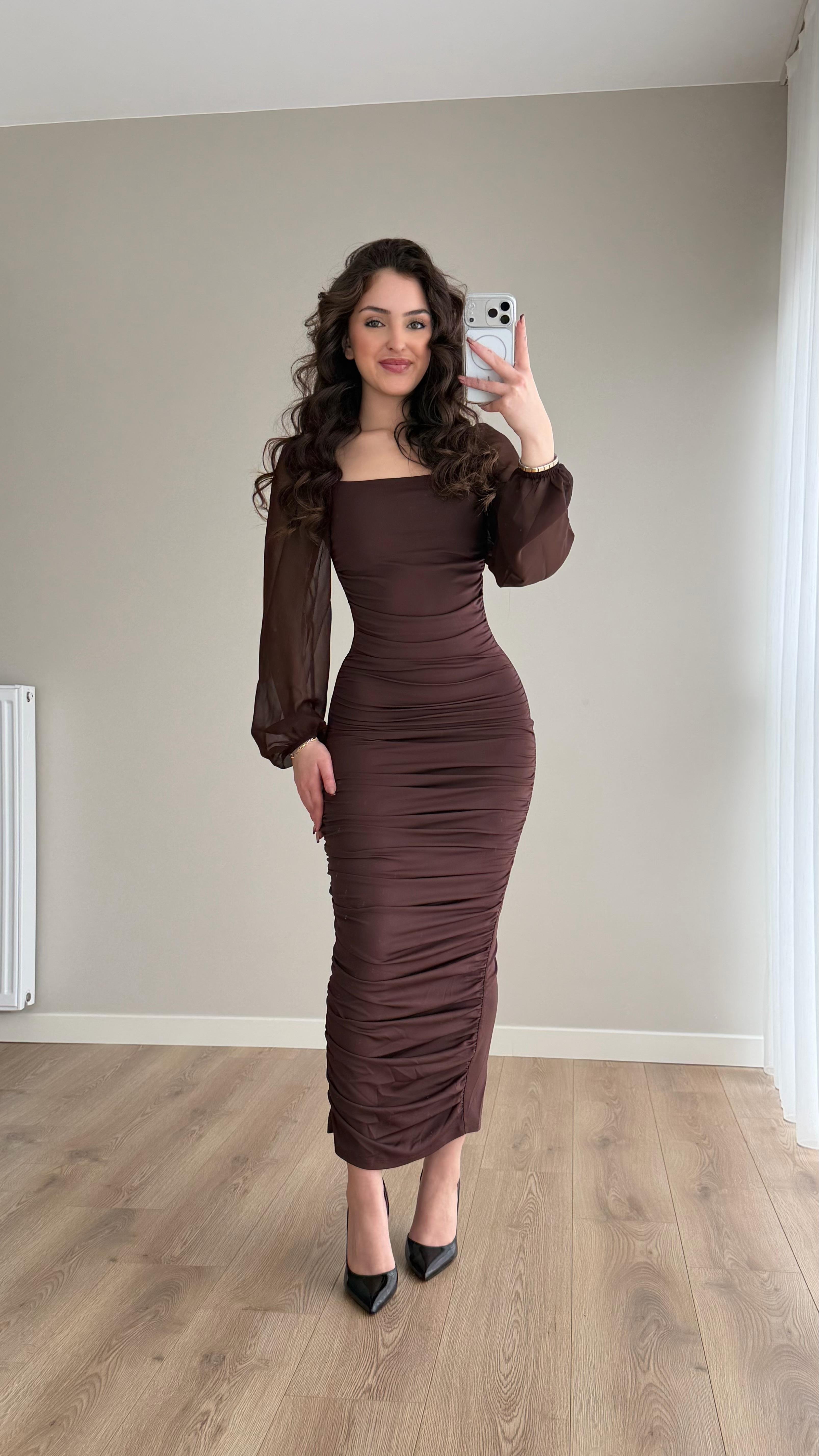 Alessia Kol Transparan Kare Yaka Elbise Kahverengi