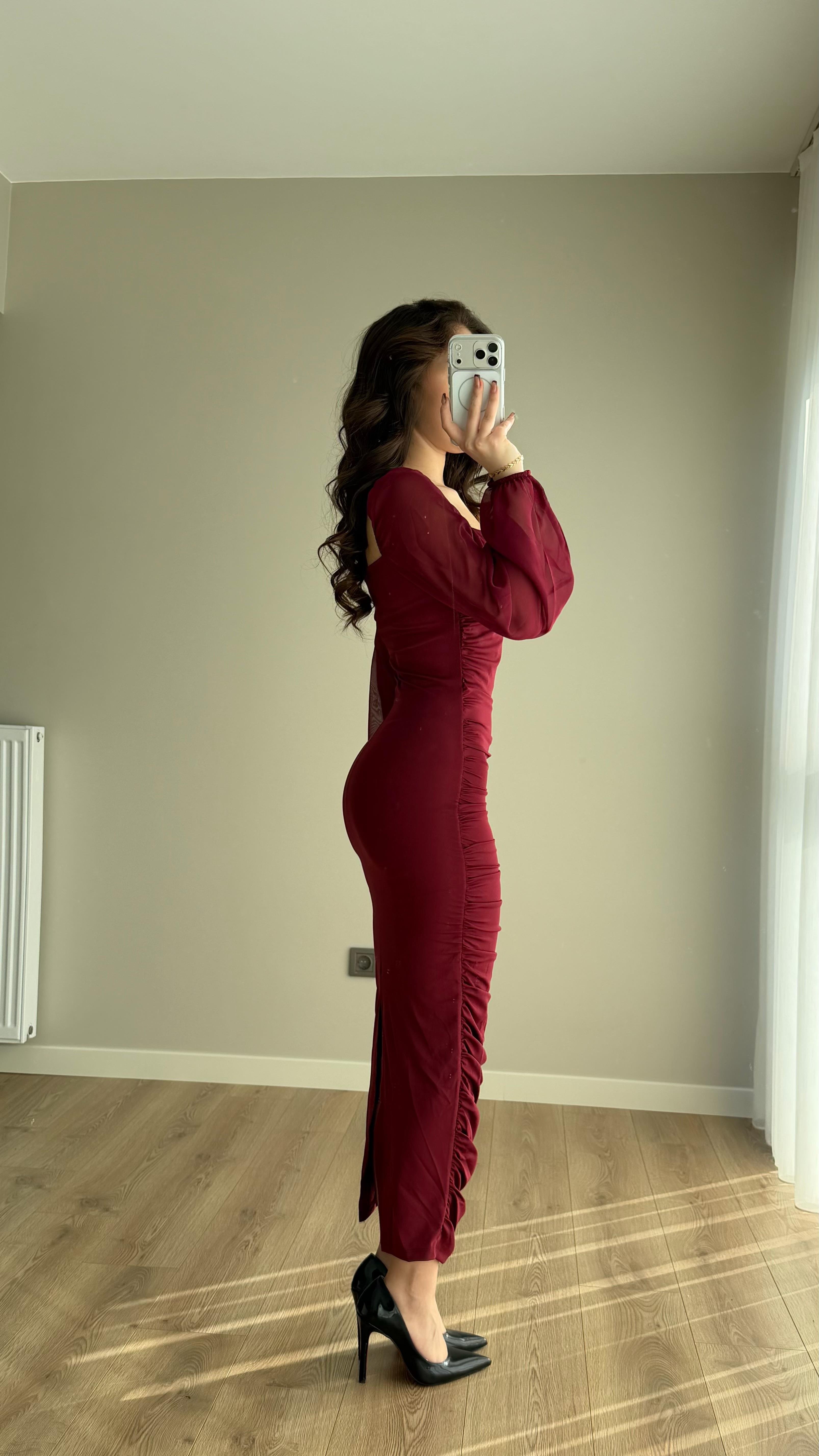 Alessia Kol Transparan Kare Yaka ve Elbise Bordo
