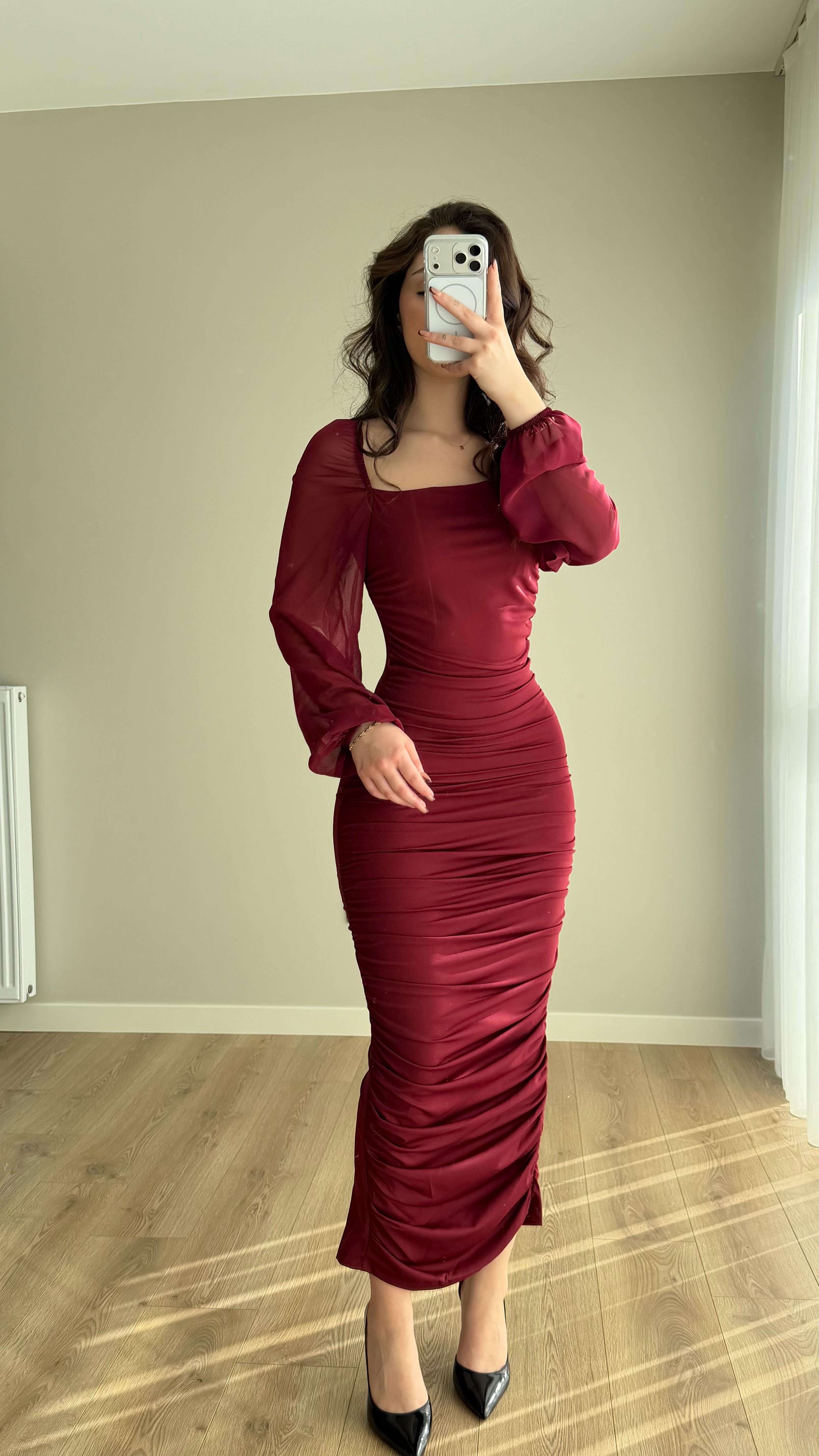 Alessia Kol Transparan Kare Yaka ve Elbise Bordo