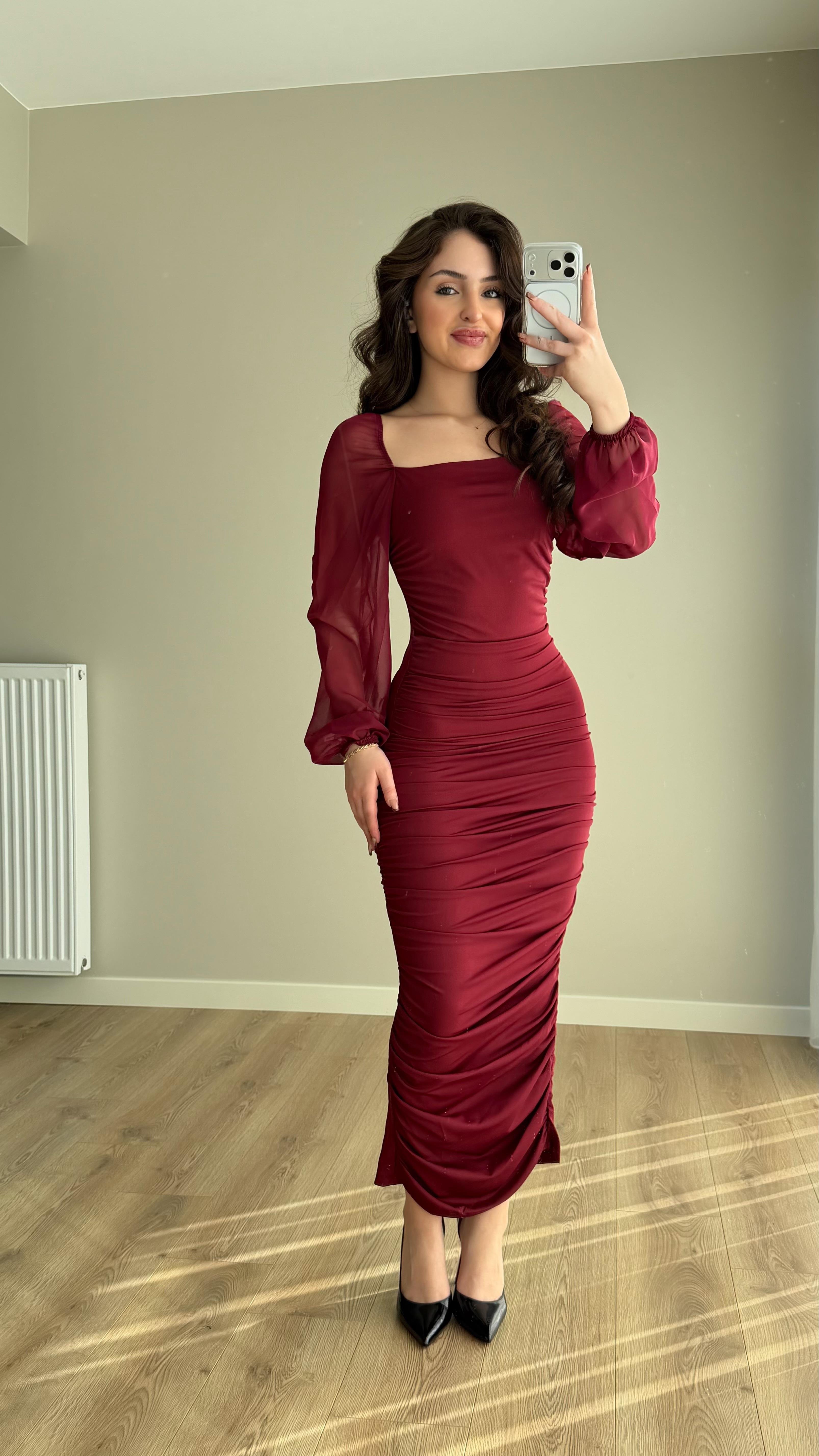 Alessia Kol Transparan Kare Yaka ve Elbise Bordo