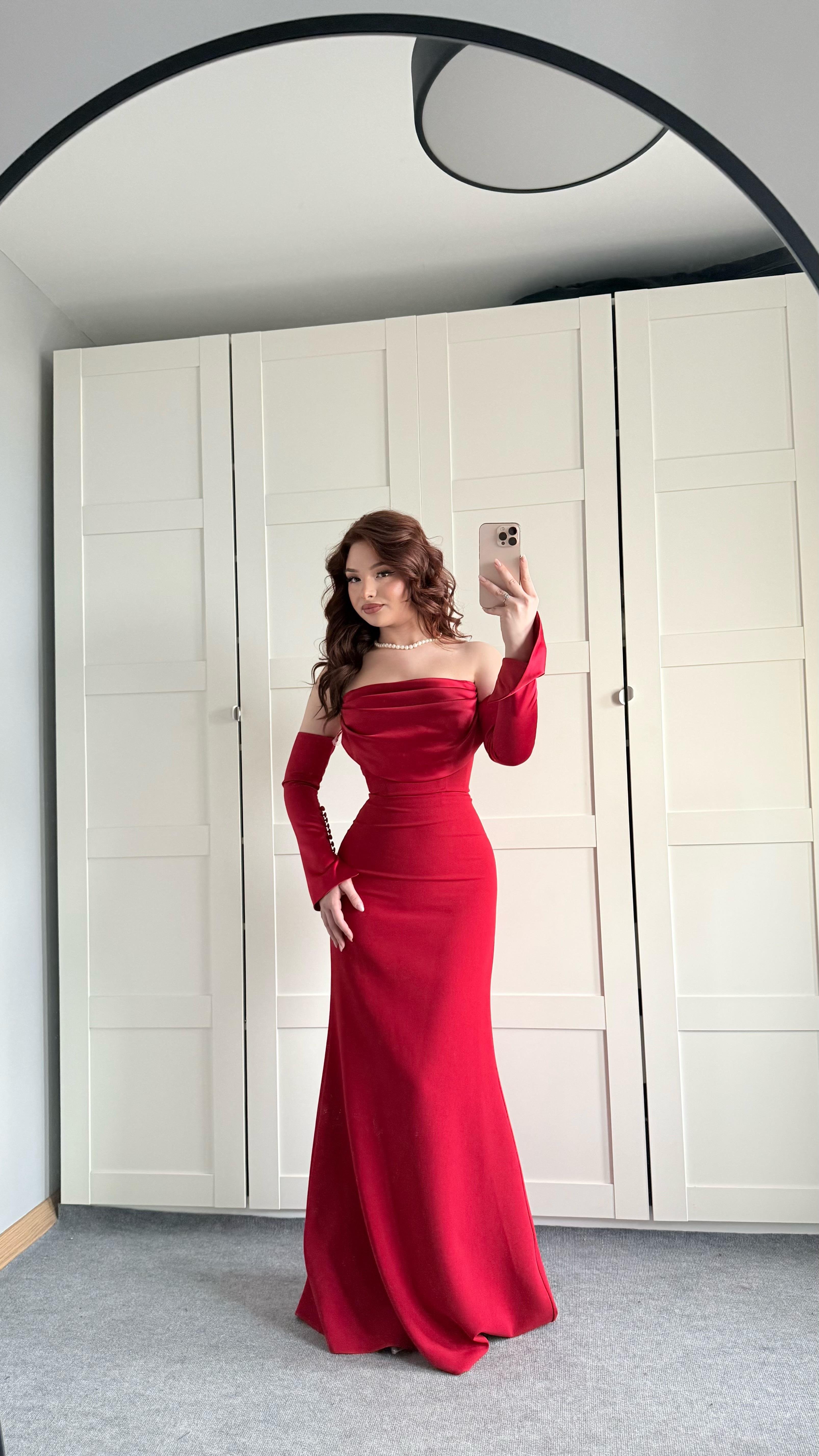 Alya Saten Kollu Abiye Kırmızı