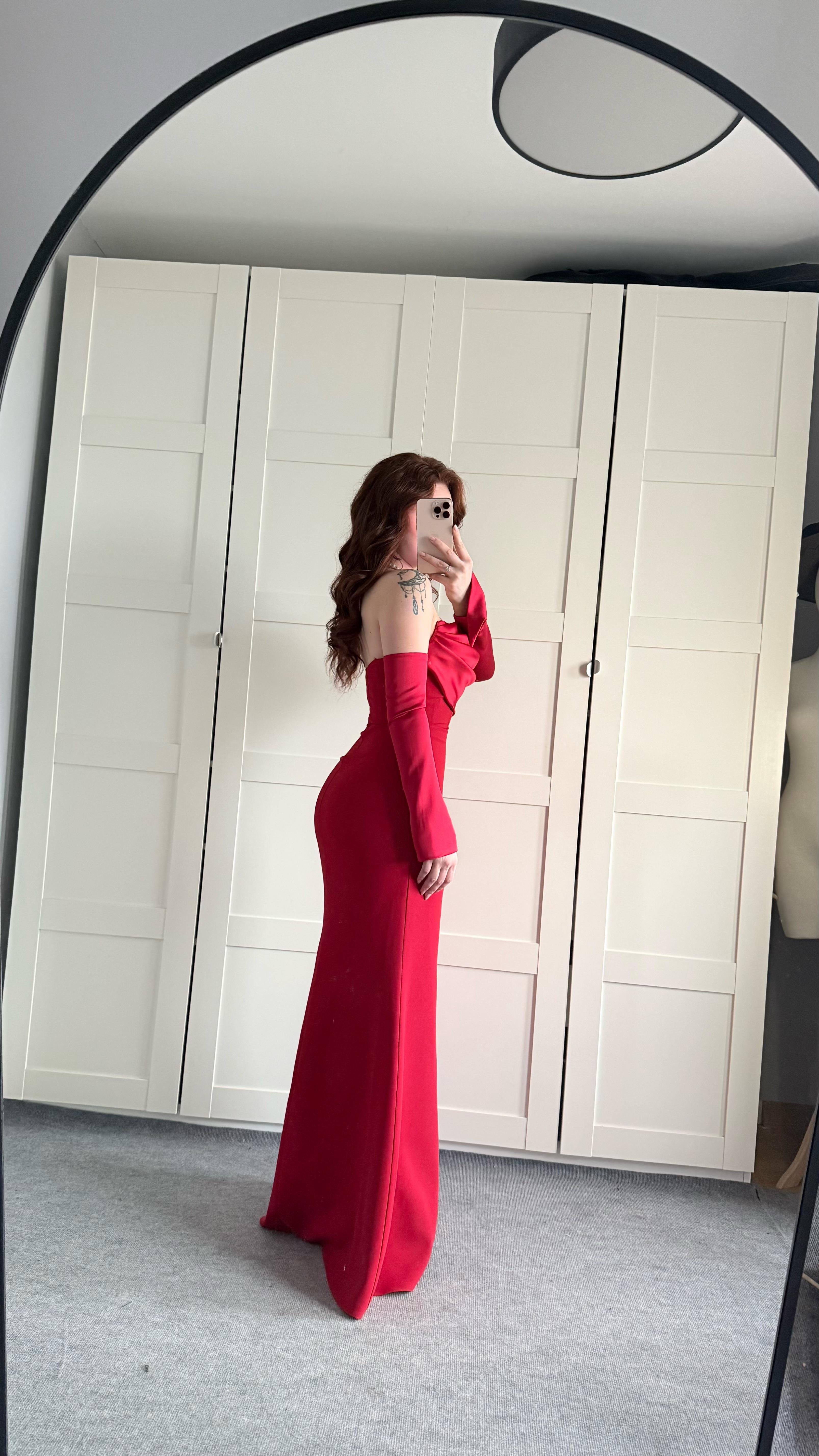 Alya Saten Kollu Abiye Kırmızı