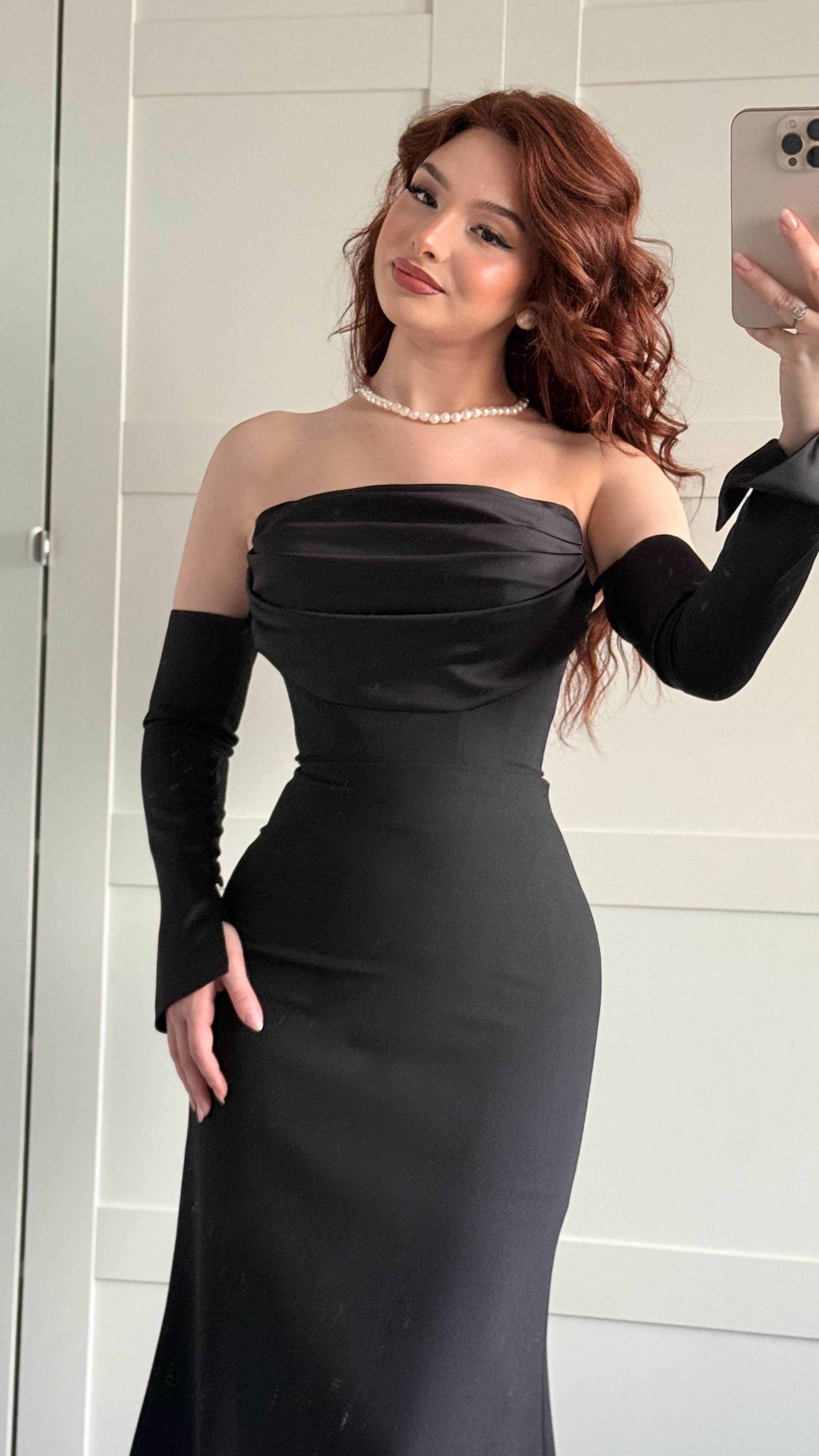 Alya Saten Kollu Abiye Siyah