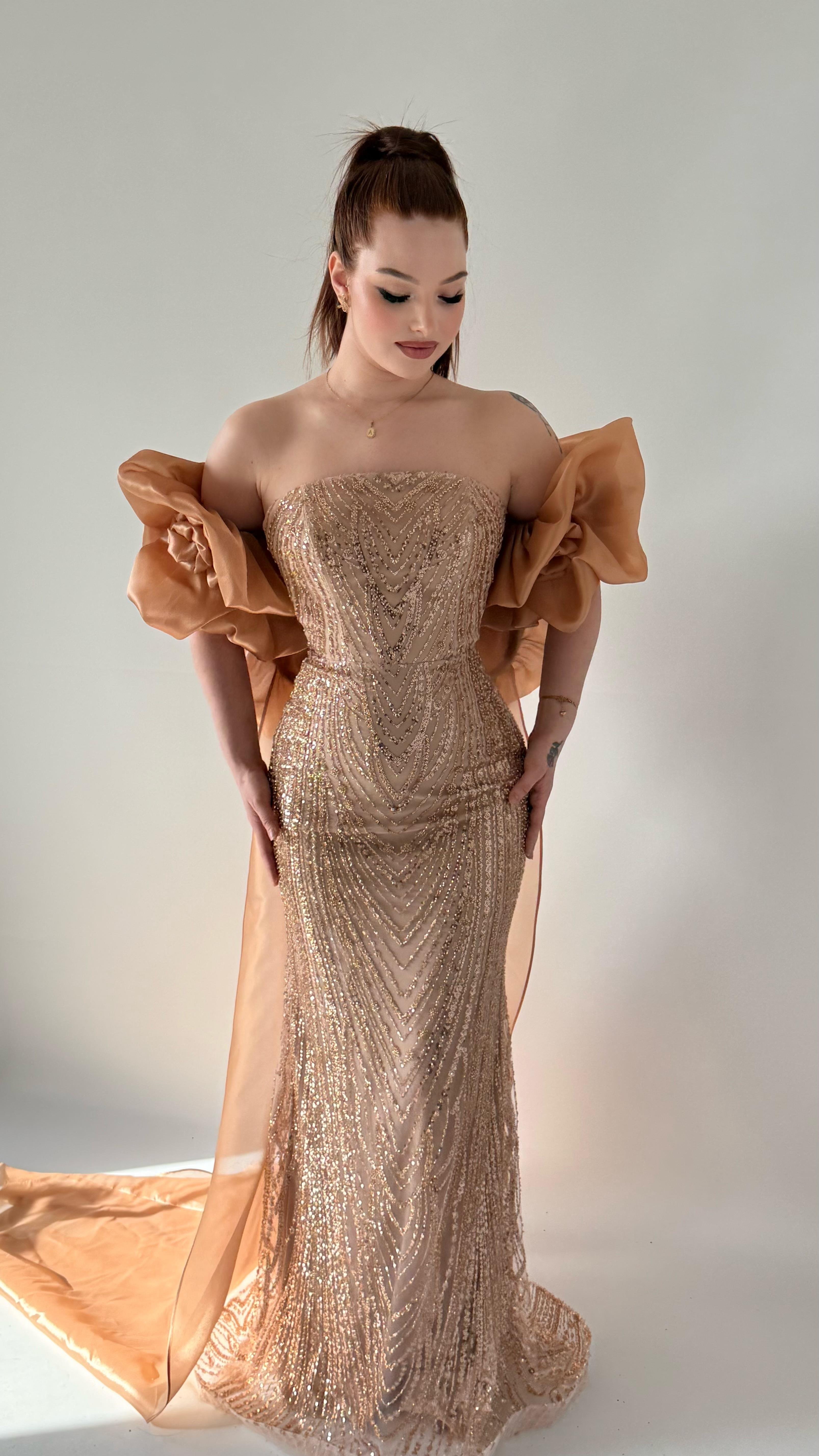 Amelia Pelerinli Taşlı Abiye Gold