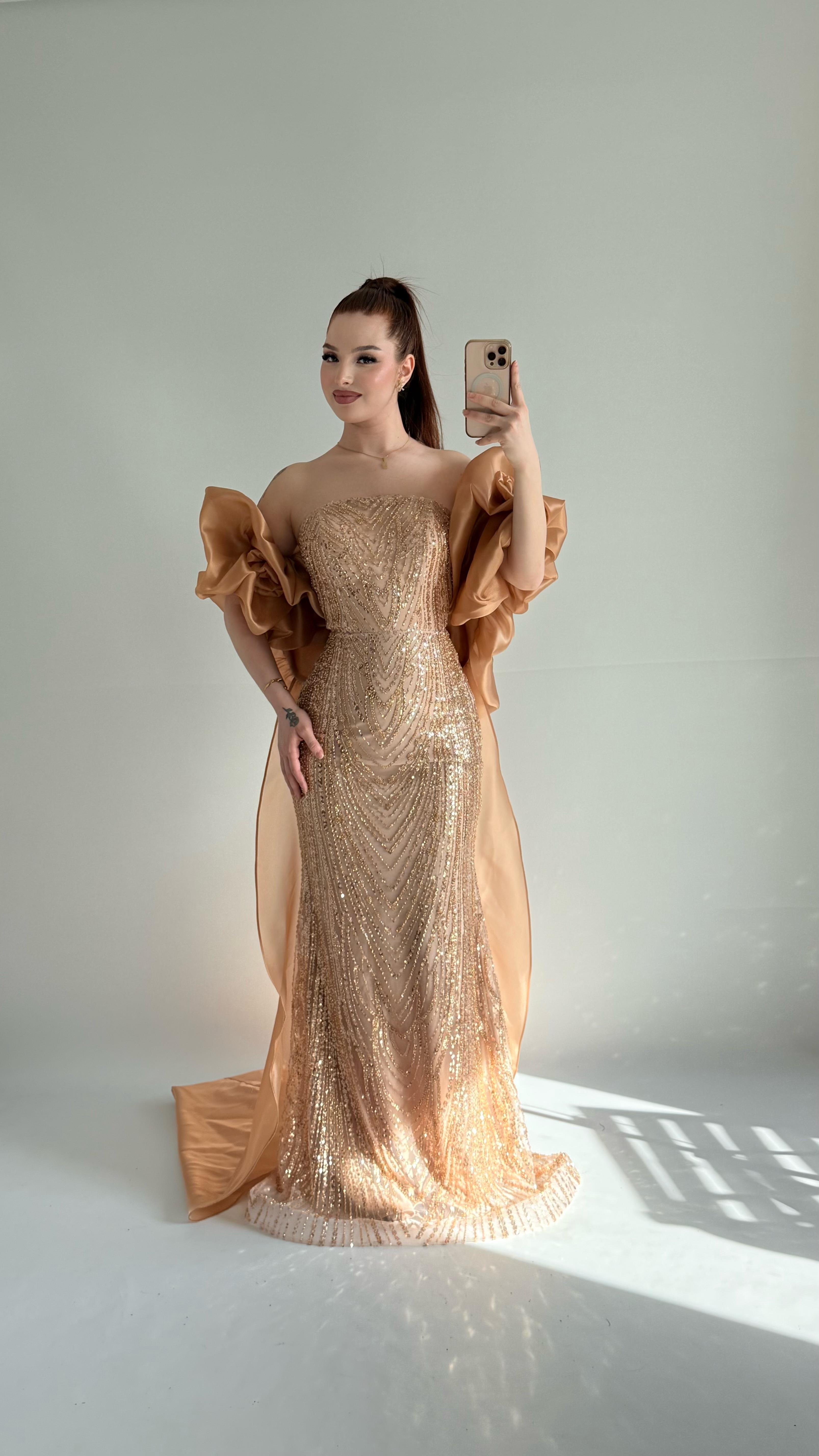Amelia Pelerinli Taşlı Abiye Gold