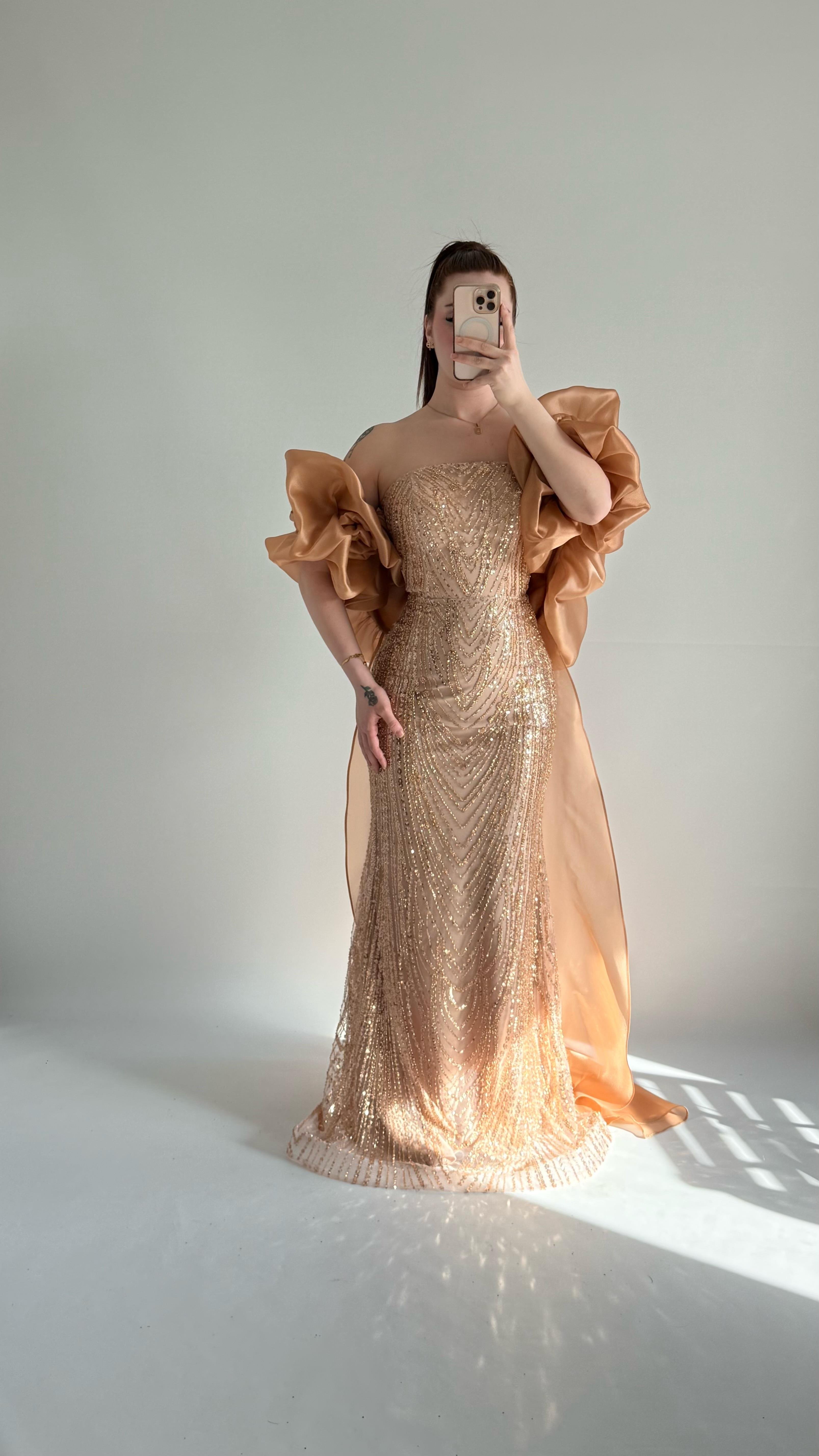 Amelia Pelerinli Taşlı Abiye Gold