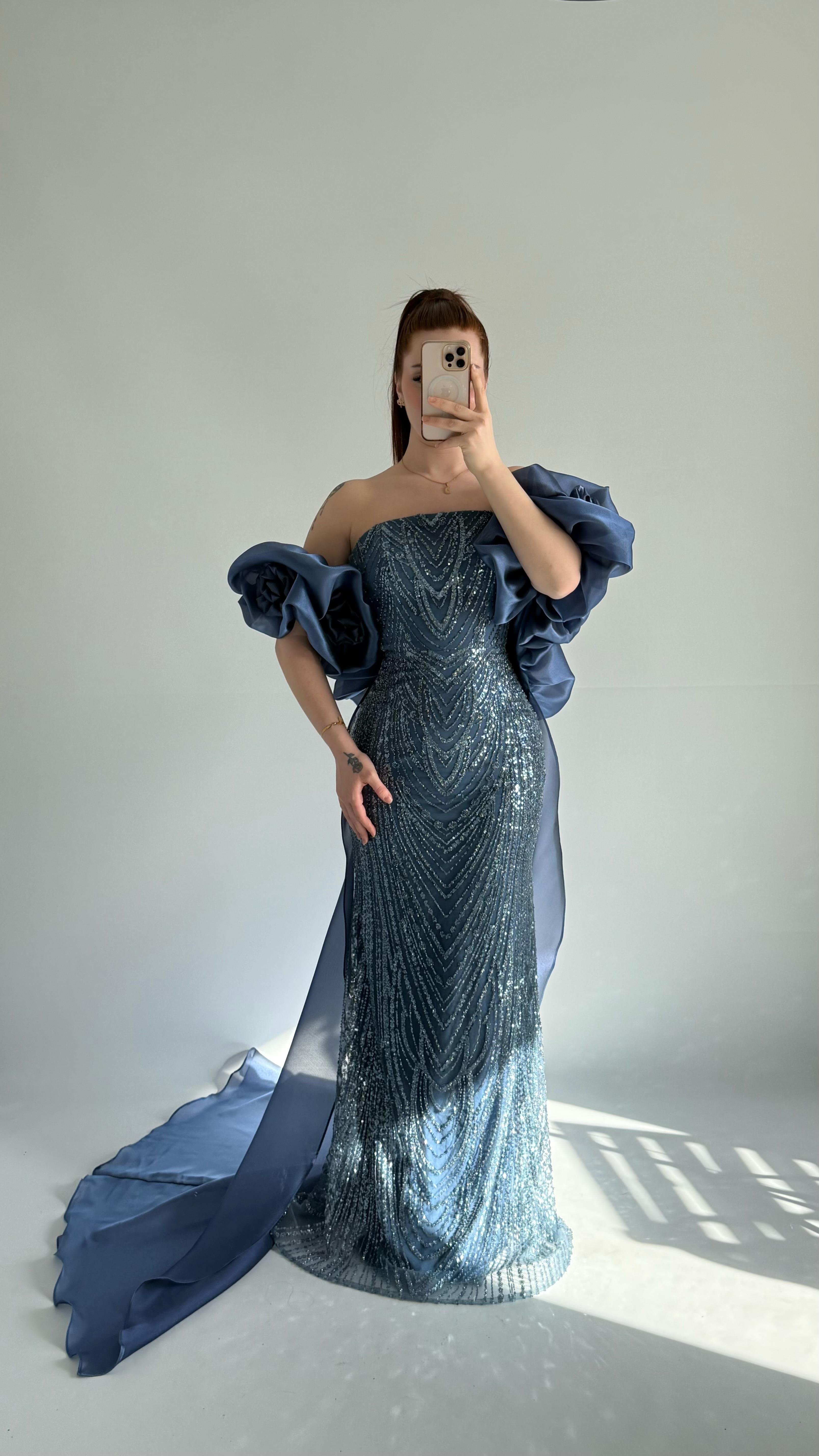 Amelia Pelerinli Taşlı Abiye İndigo