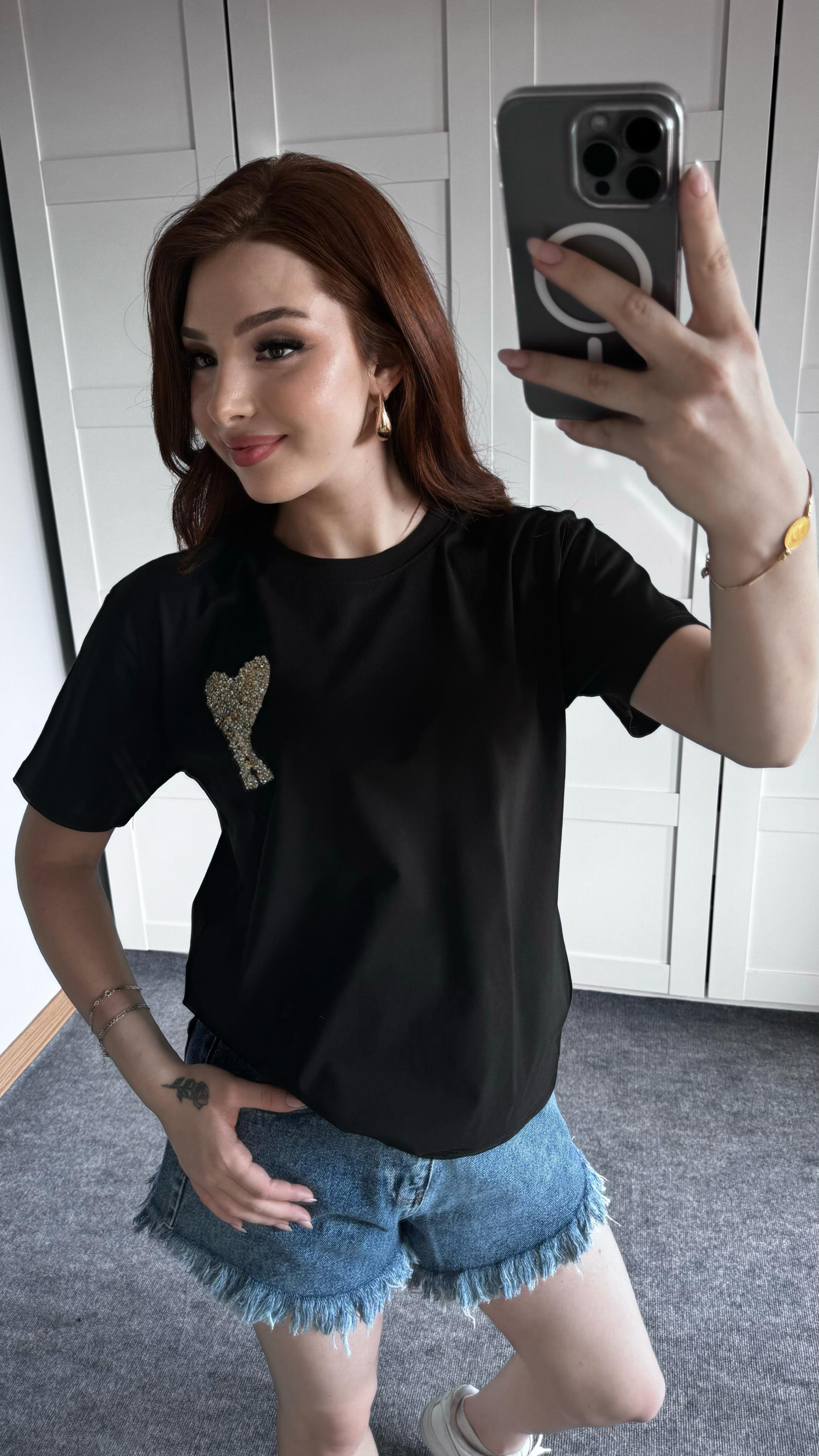 Ami Gold Kalp Taşlı Siyah Tişört
