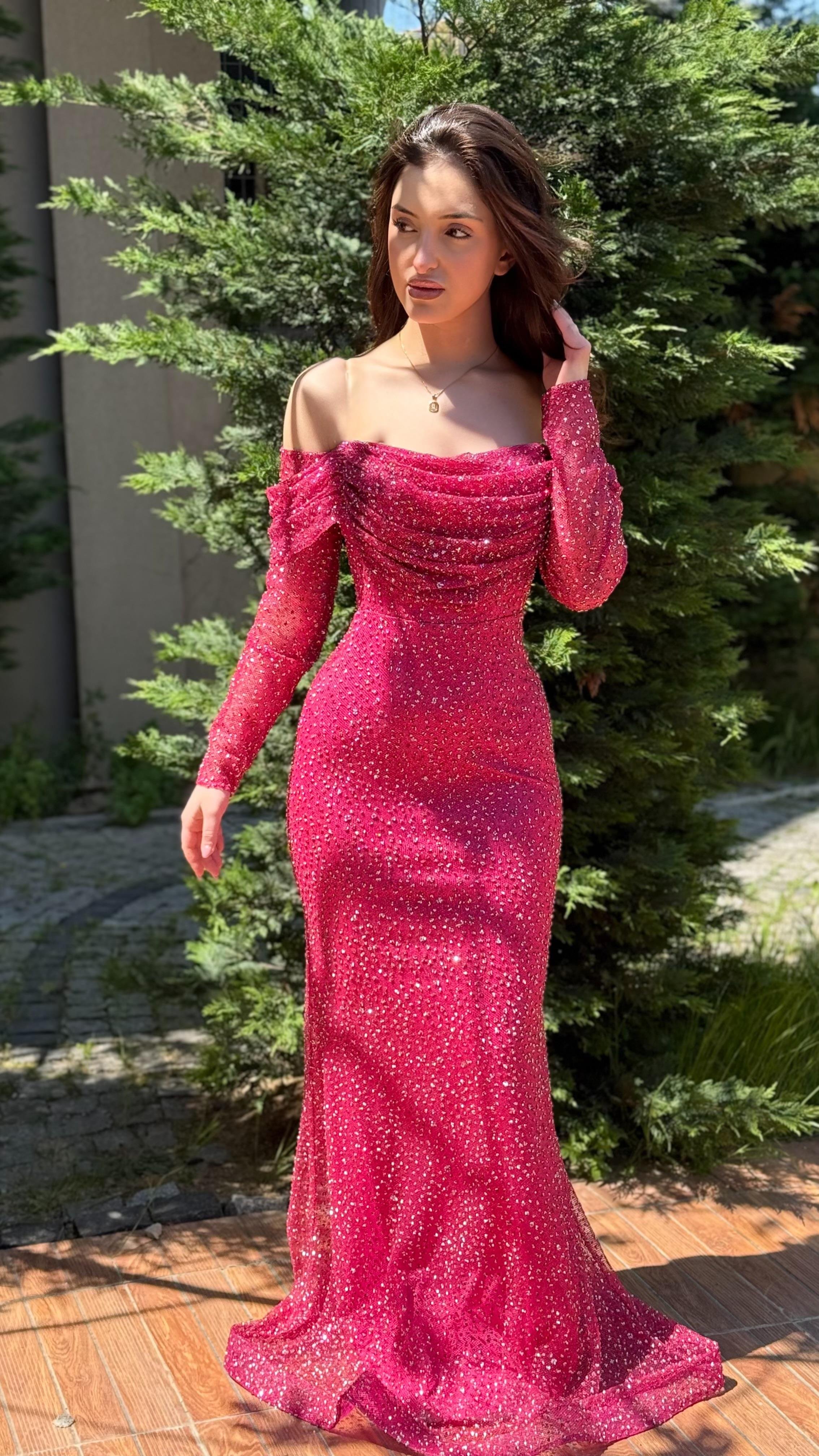 Angel Madonna Simli Abiye Fuşya