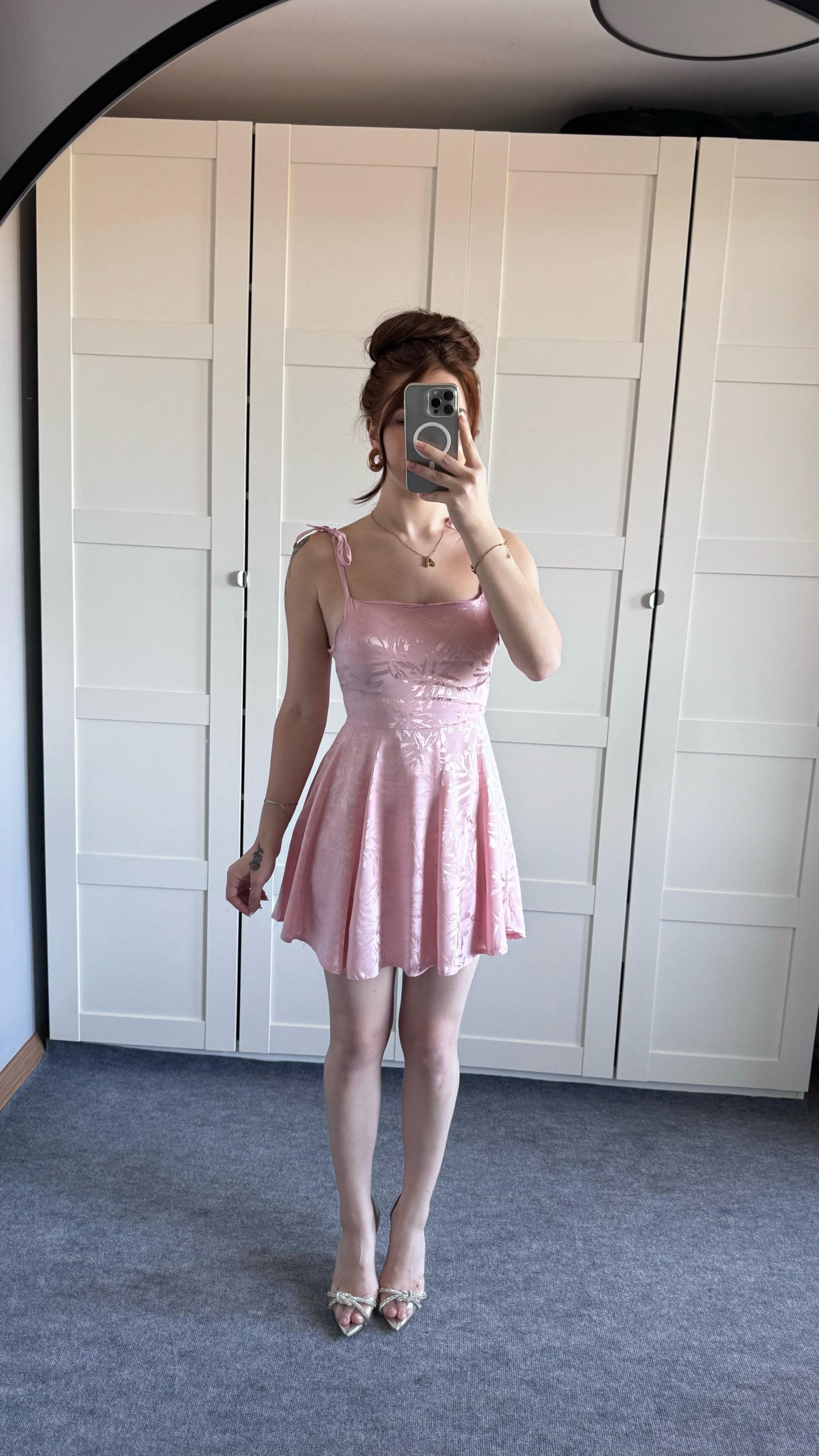 Anna Pembe Saten Mini Elbise
