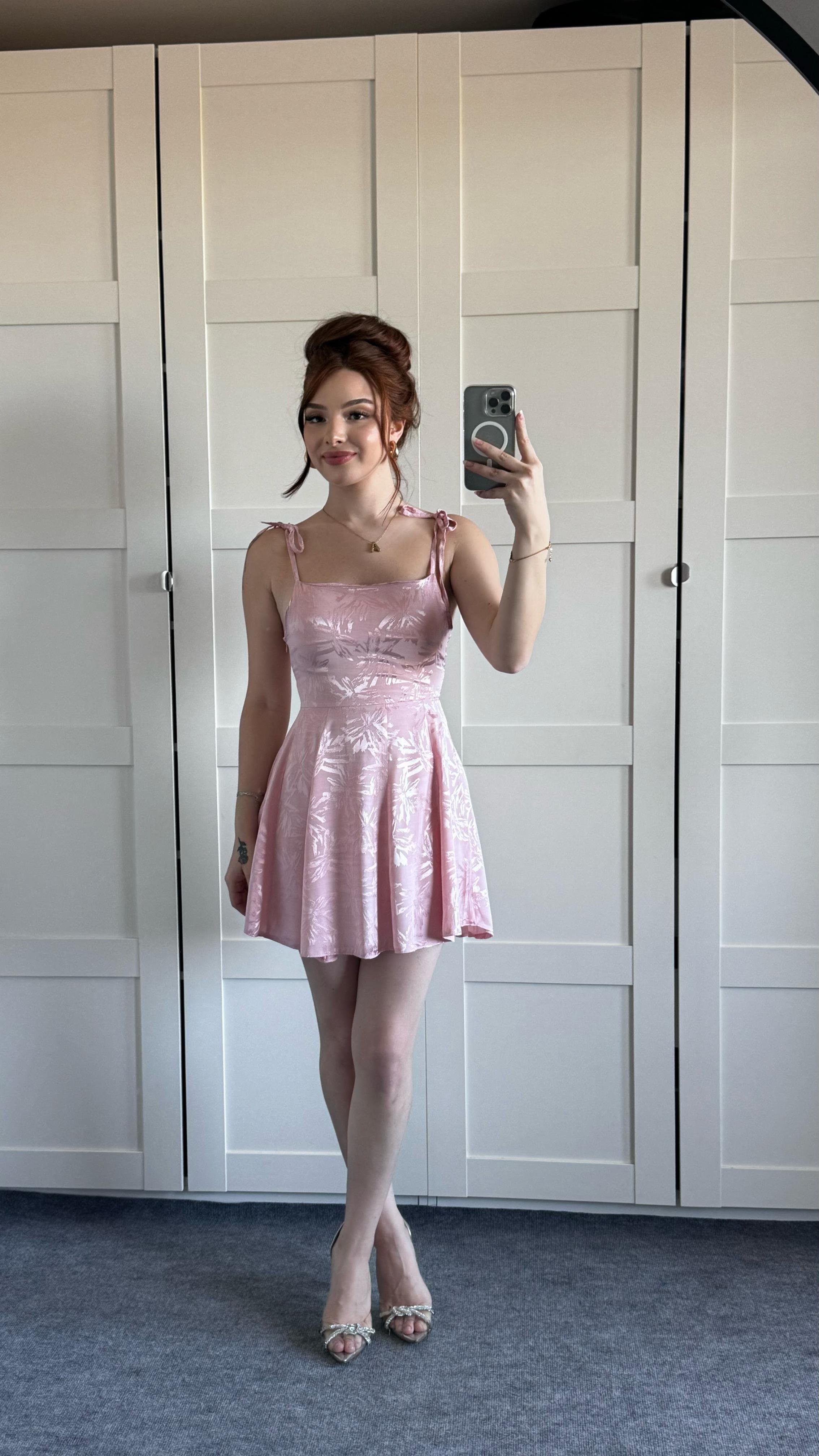 Anna Pembe Saten Mini Elbise