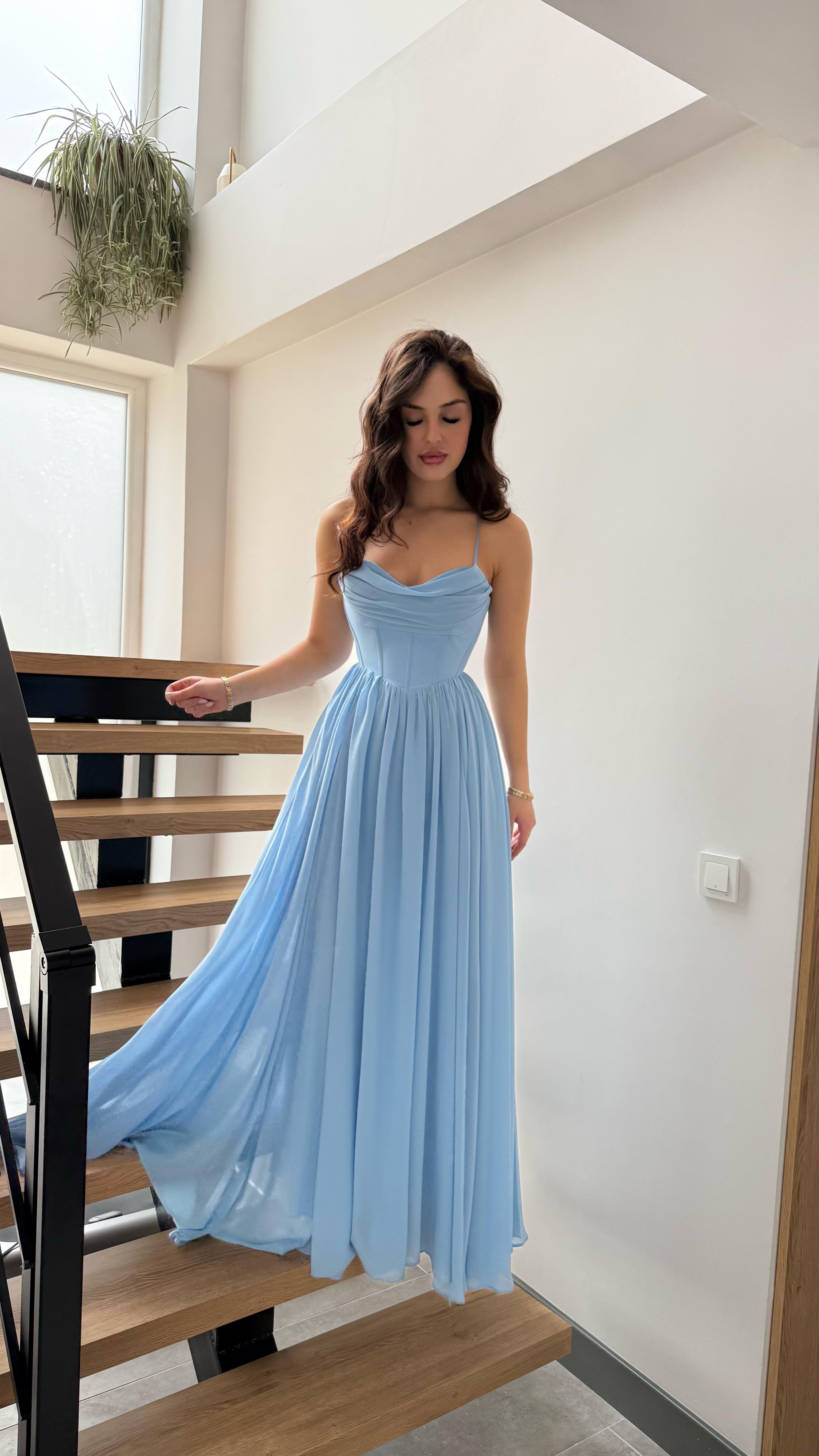 Anna Tül Askılı Abiye Bebe Mavisi