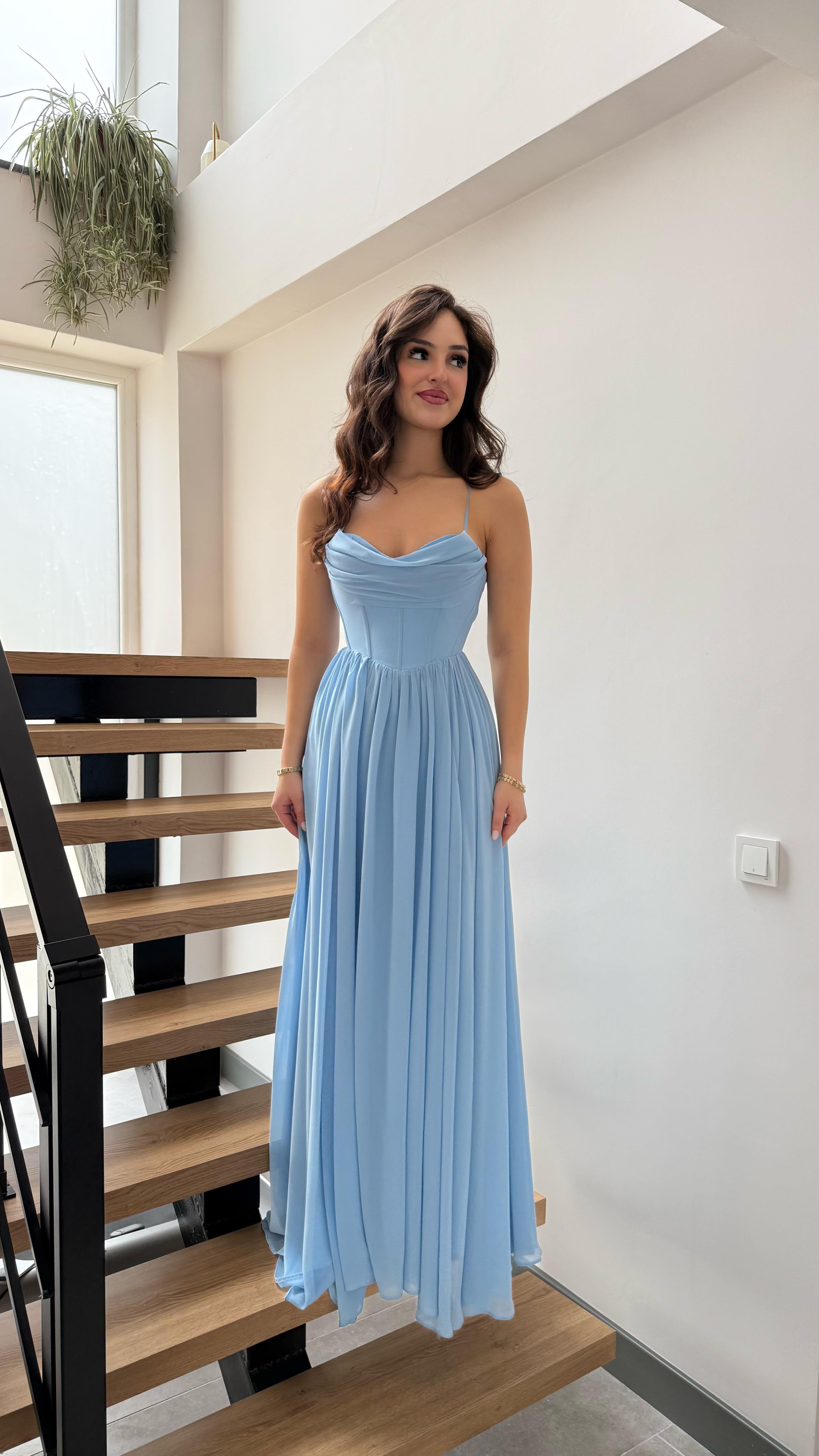 Anna Tül Askılı Abiye Bebe Mavisi