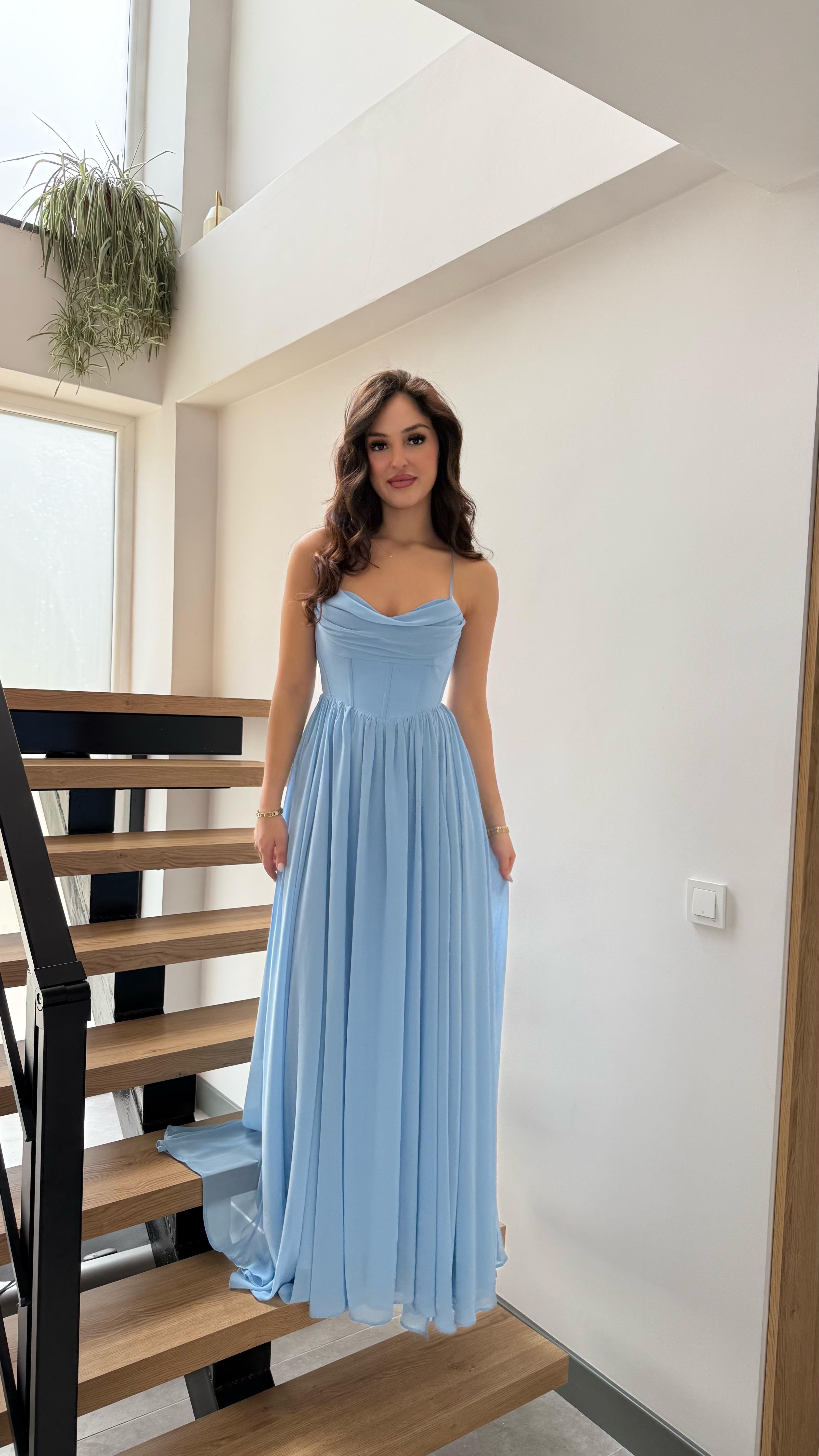 Anna Tül Askılı Abiye Bebe Mavisi