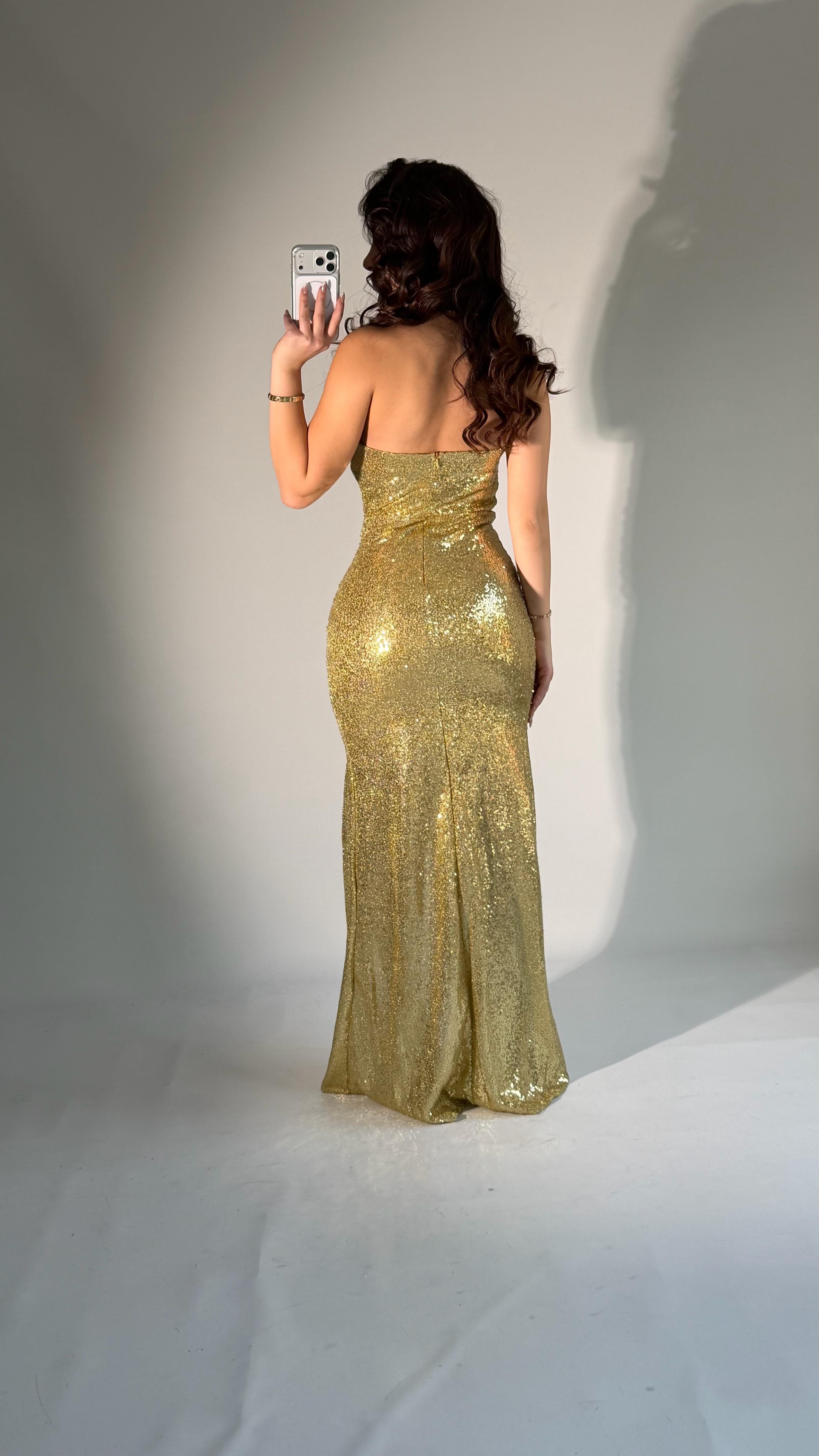 Aqua Pul Payetli Straplez Abiye Gold