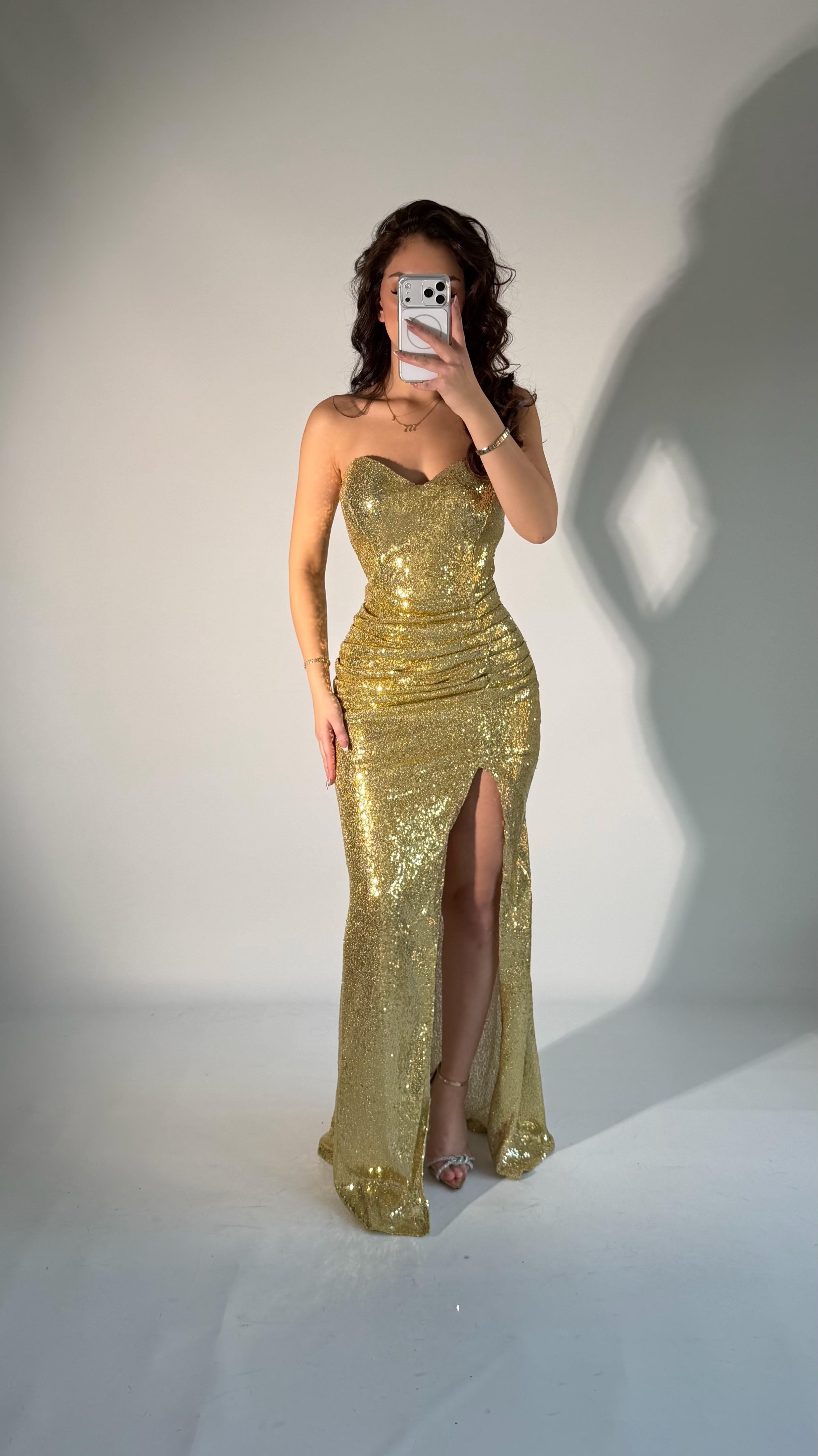 Aqua Pul Payetli Straplez Abiye Gold