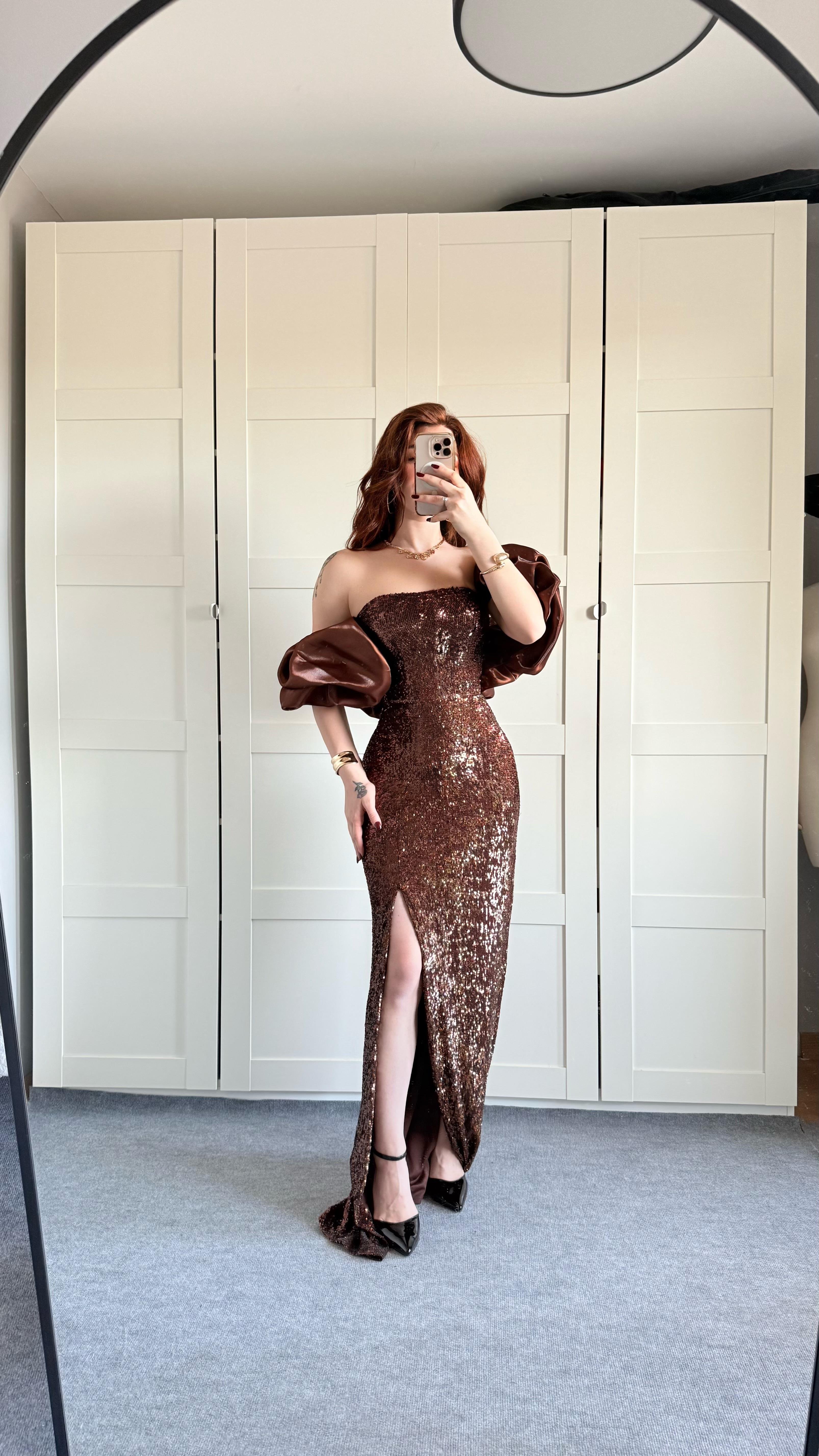 Arina Payetli Abiye Bronz Kahve