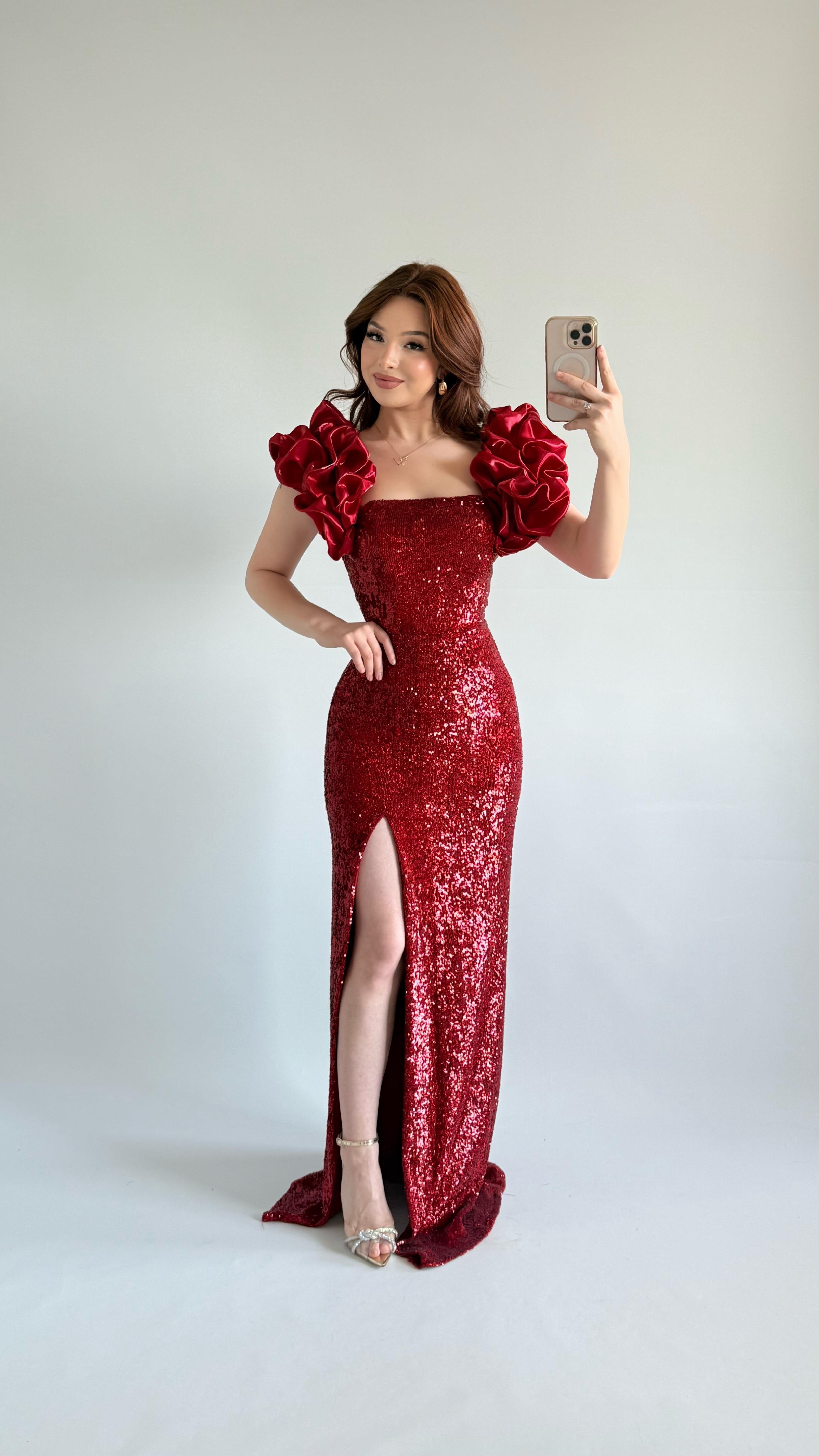 Arina Payetli Abiye Kırmızı
