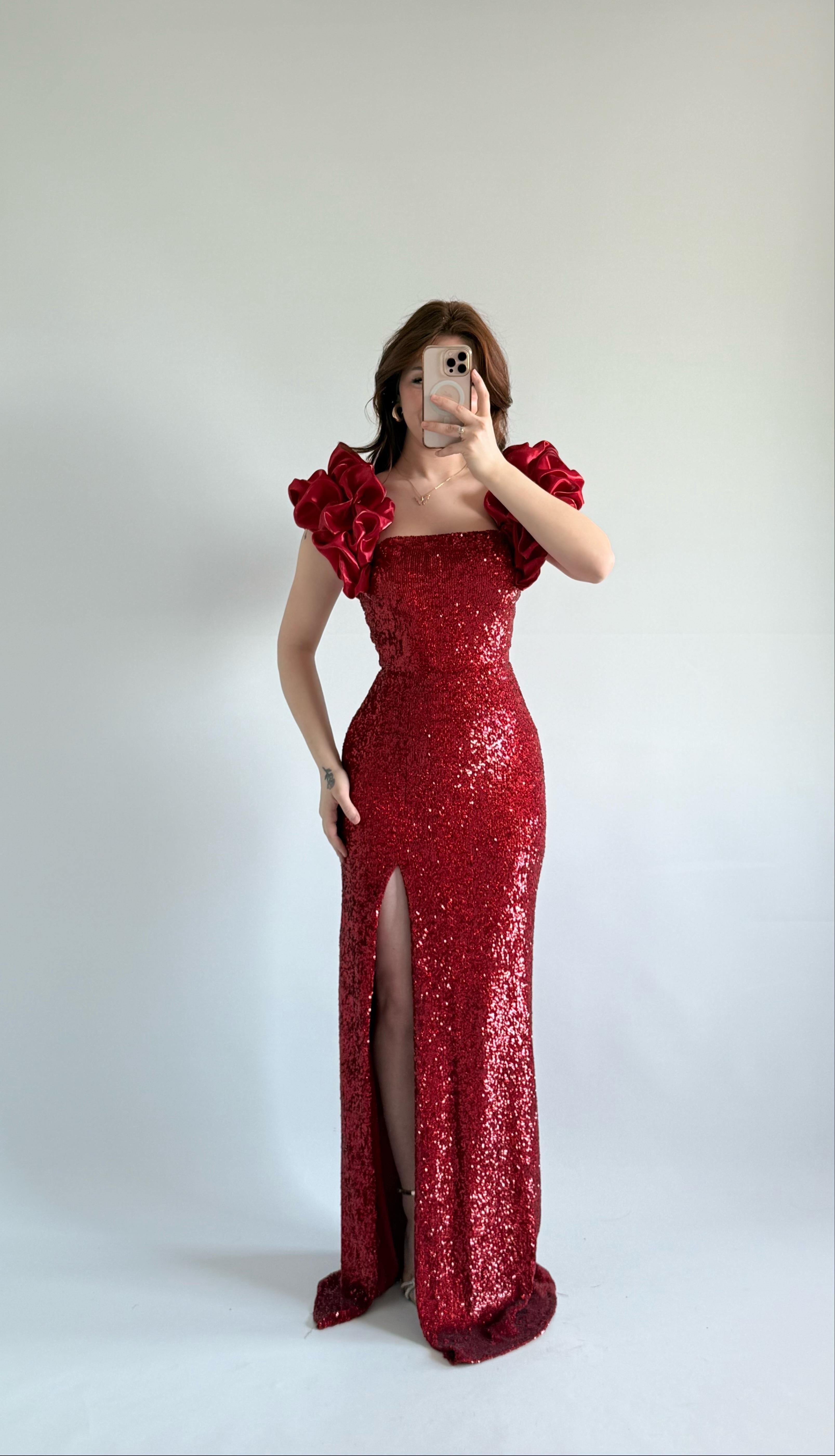 Arina Payetli Abiye Kırmızı