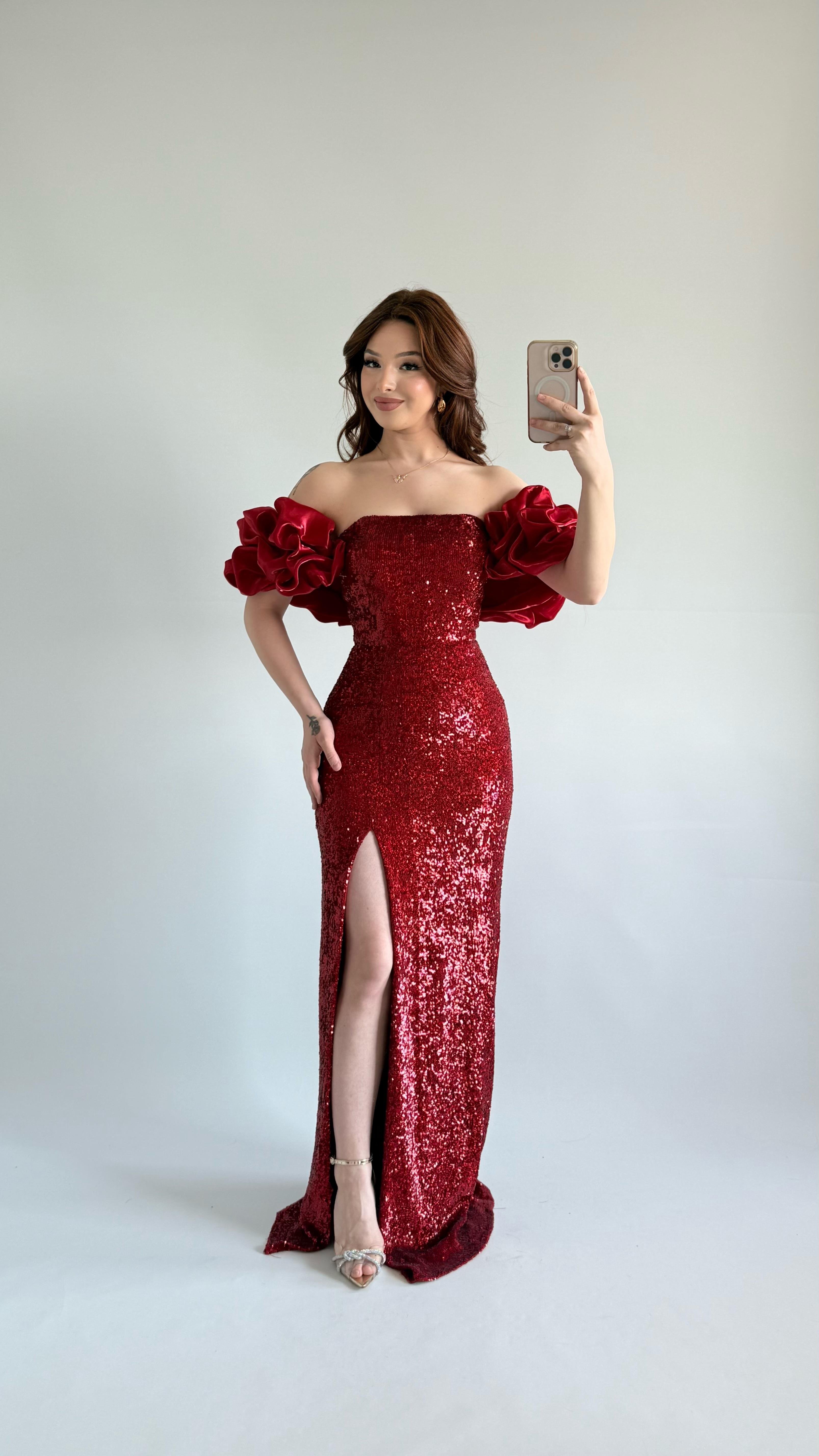 Arina Payetli Abiye Kırmızı
