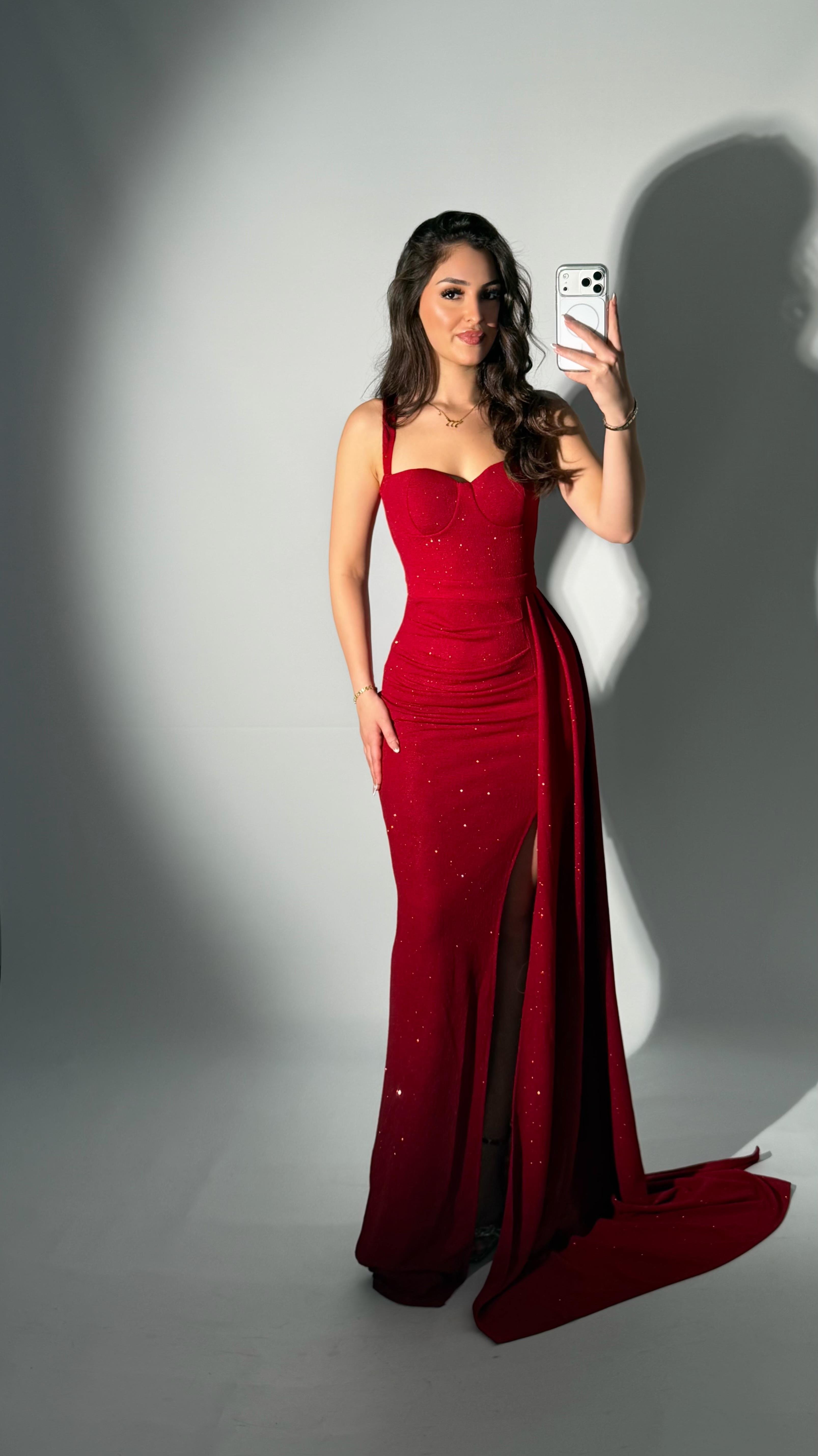 Arisu Simli Yırtmaçlı Abiye Kırmızı