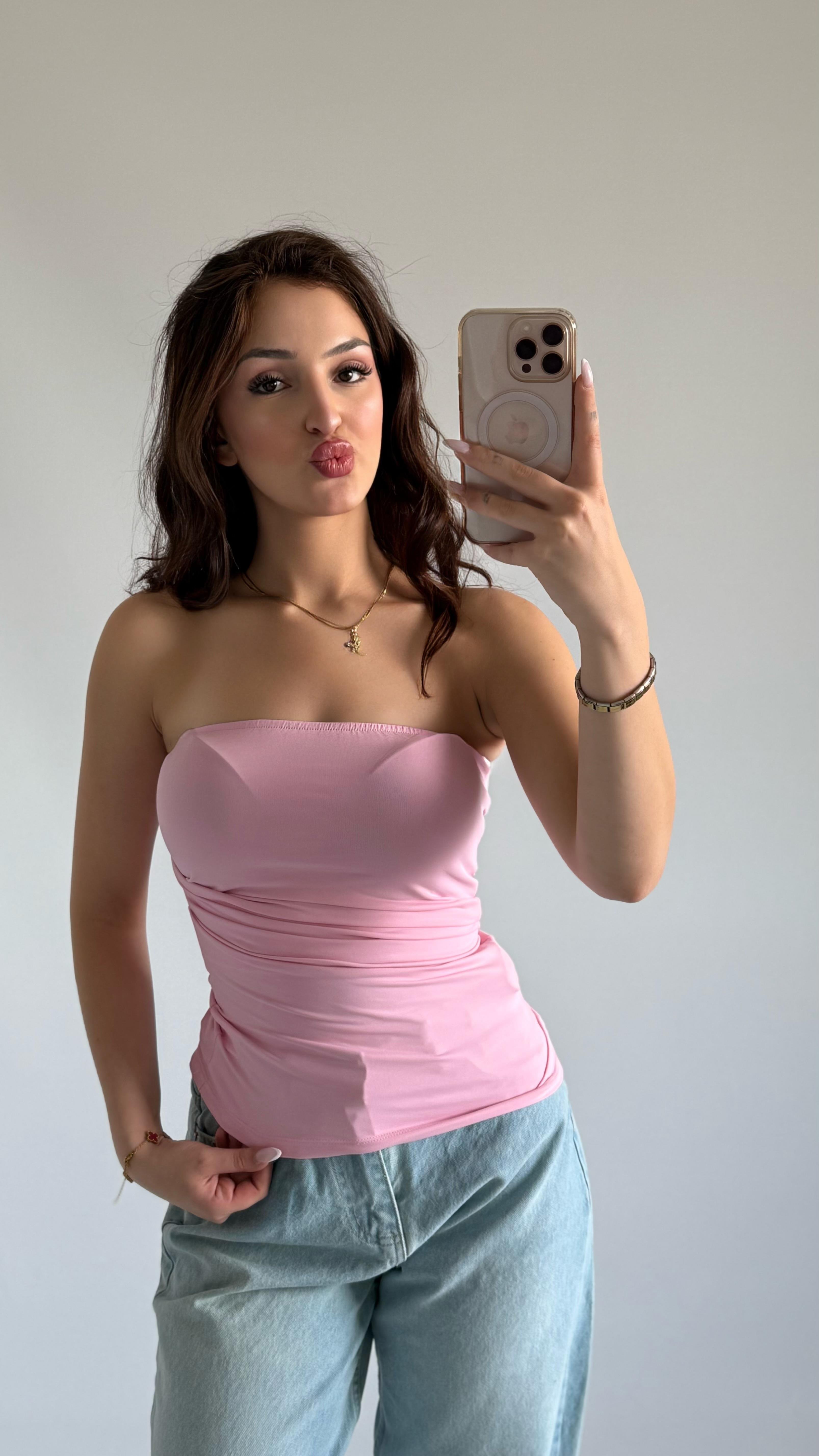 Asimetrik Straplez Bluz Pembe 
