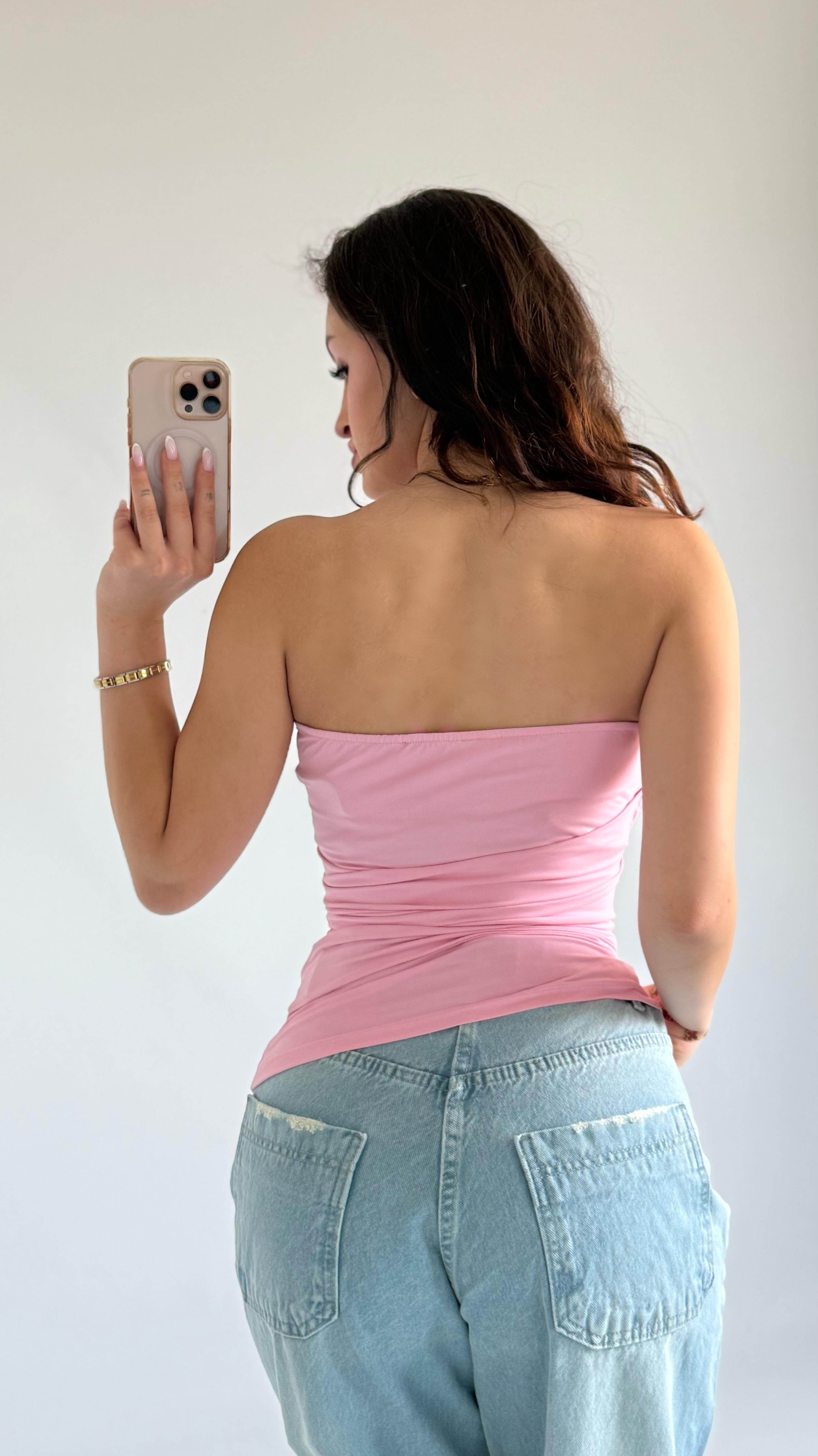 Asimetrik Straplez Bluz Pembe 