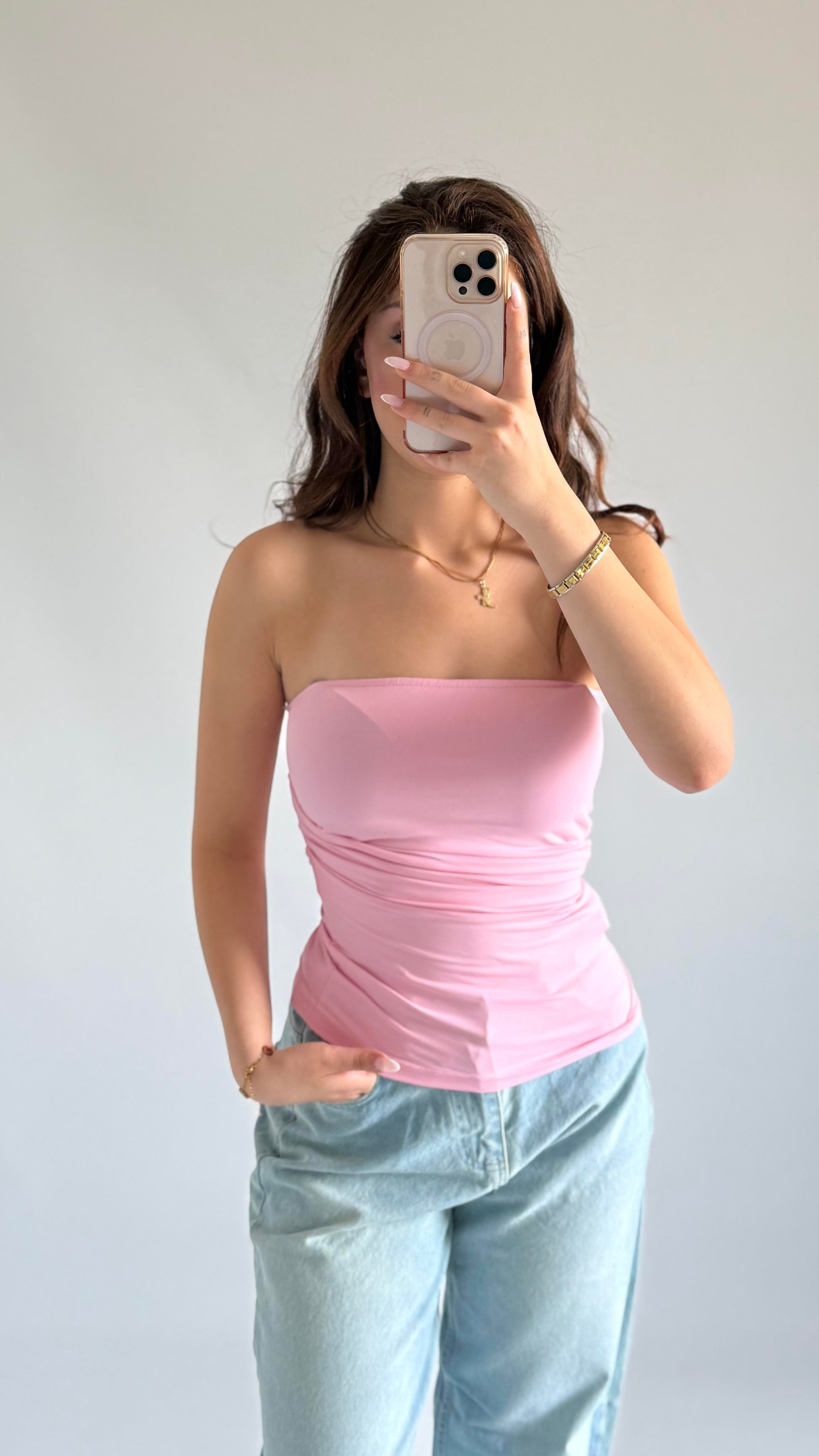 Asimetrik Straplez Bluz Pembe 