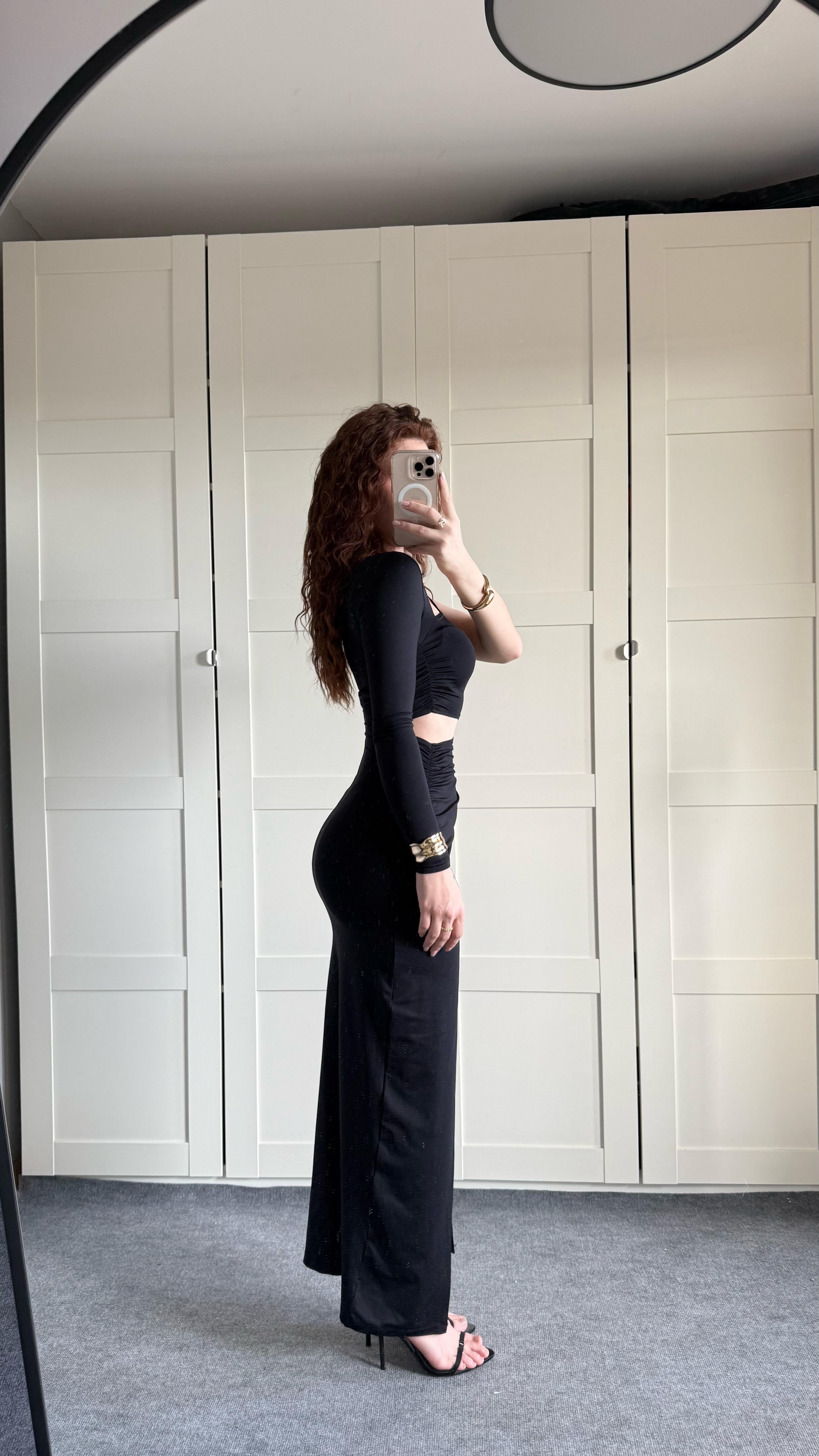 Asimetrik Yaka Bel Detaylı Elbise Siyah