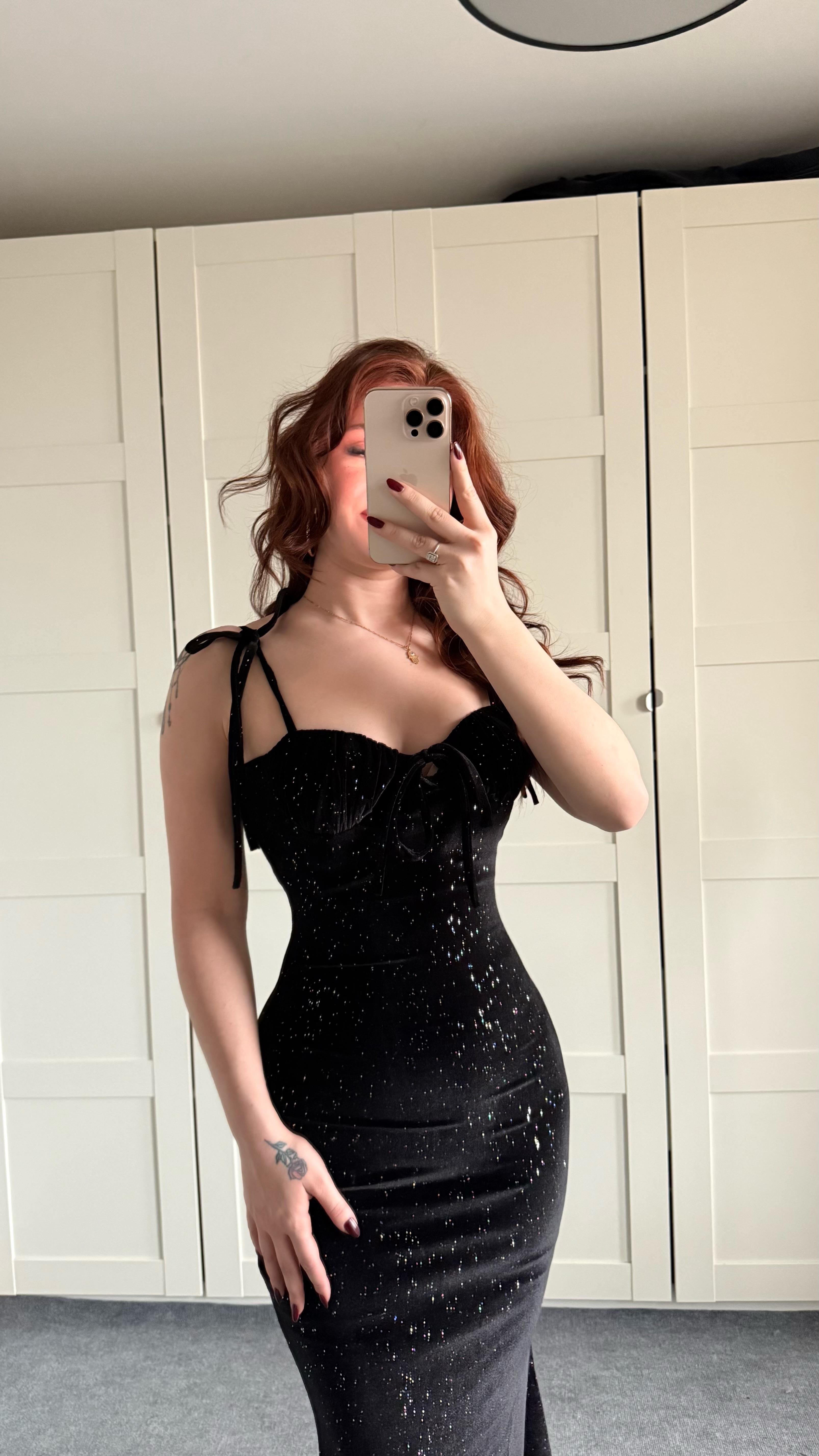 Askılı Simli Maxi Elbise Siyah
