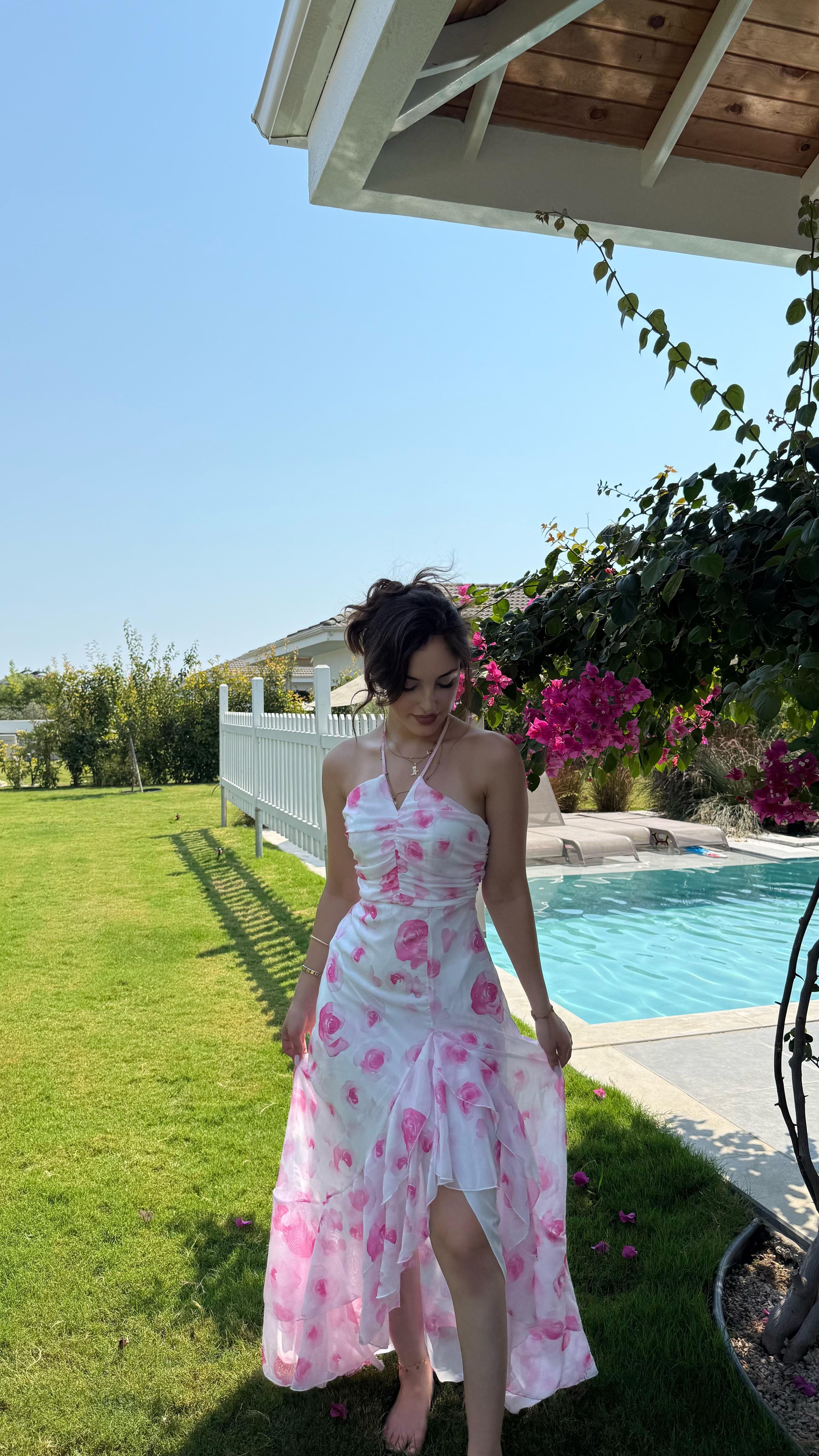 Aspenya Boyun Bağlamalı Elbise Pembe
