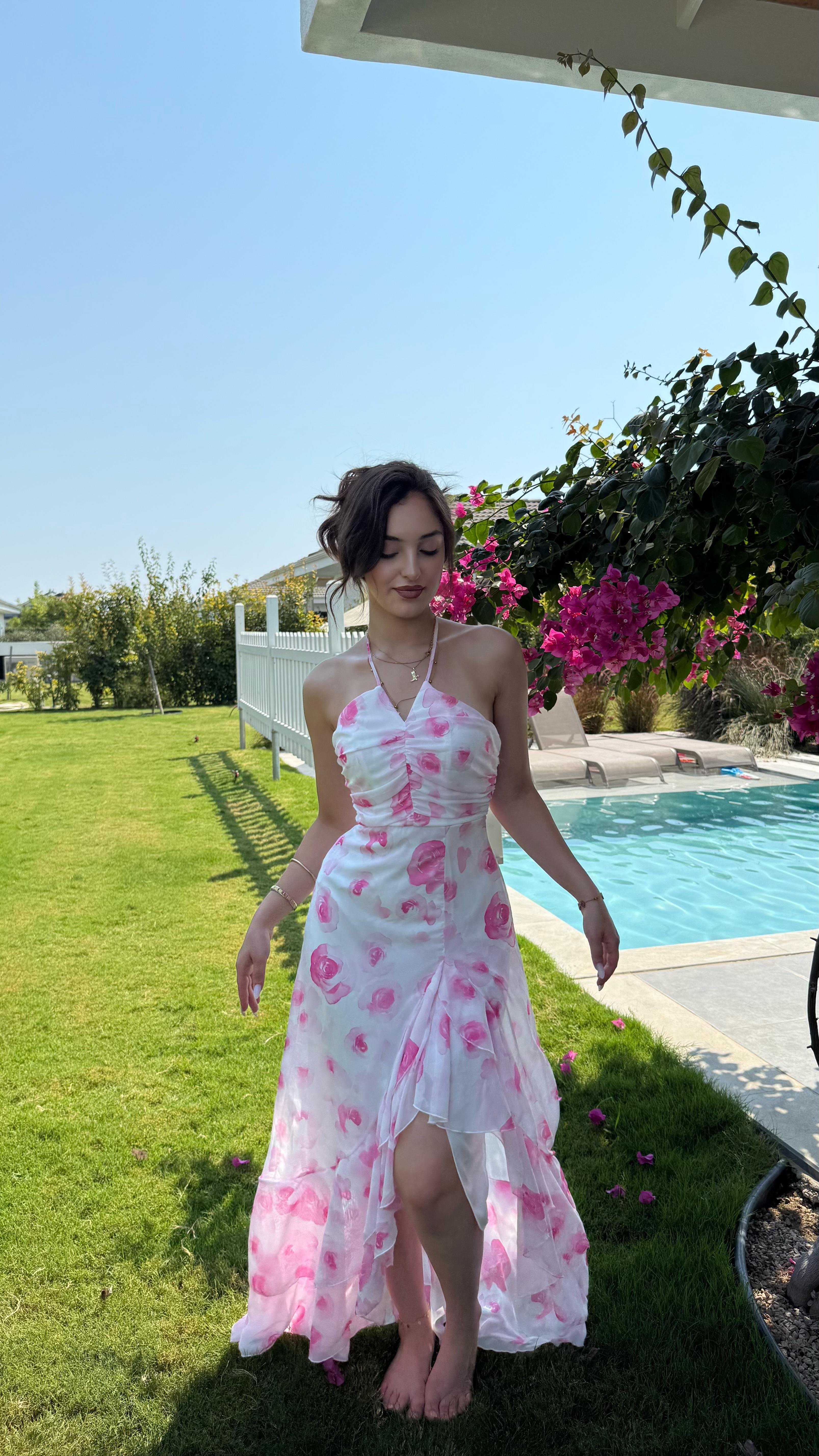 Aspenya Boyun Bağlamalı Elbise Pembe