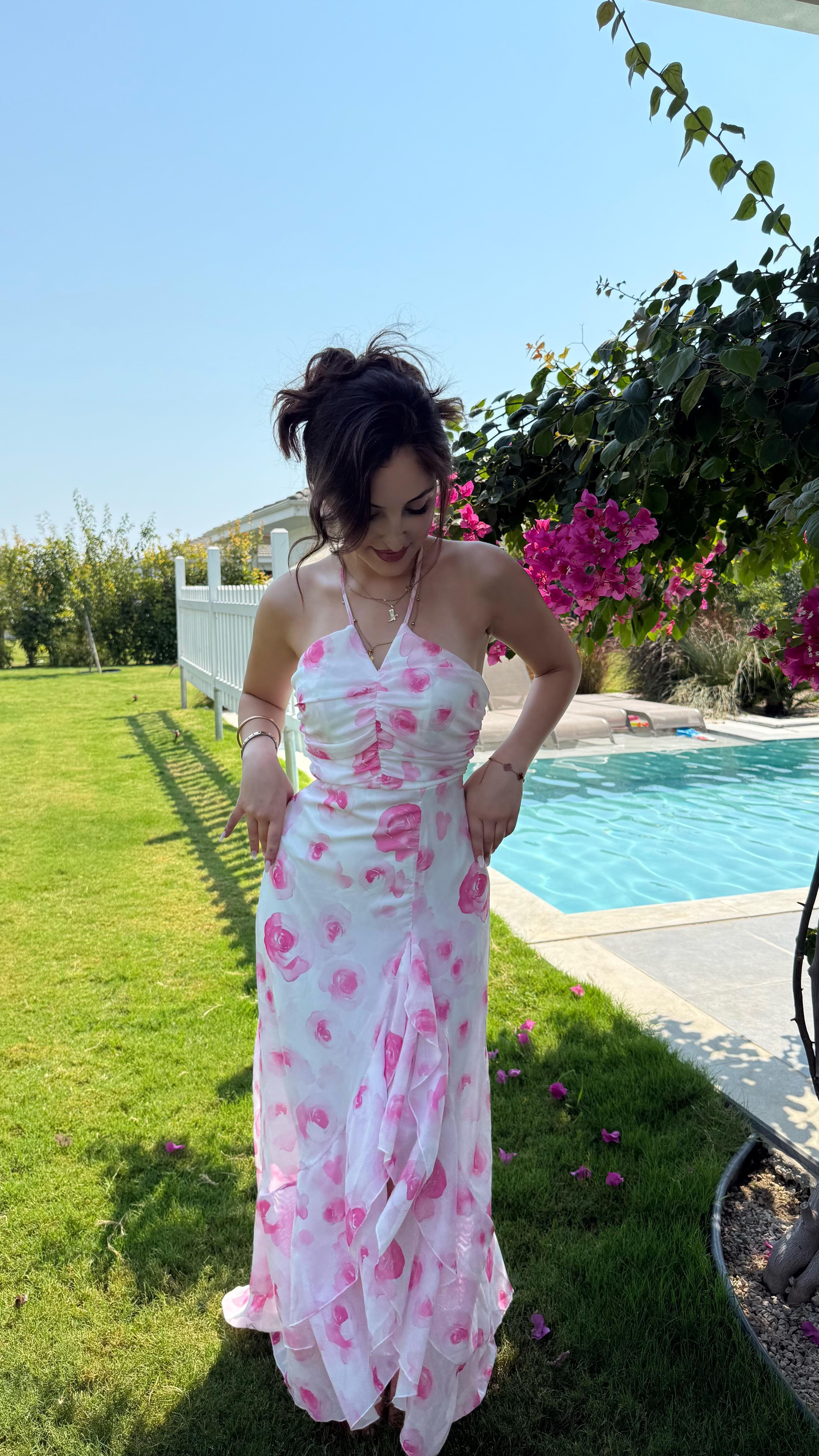 Aspenya Boyun Bağlamalı Elbise Pembe