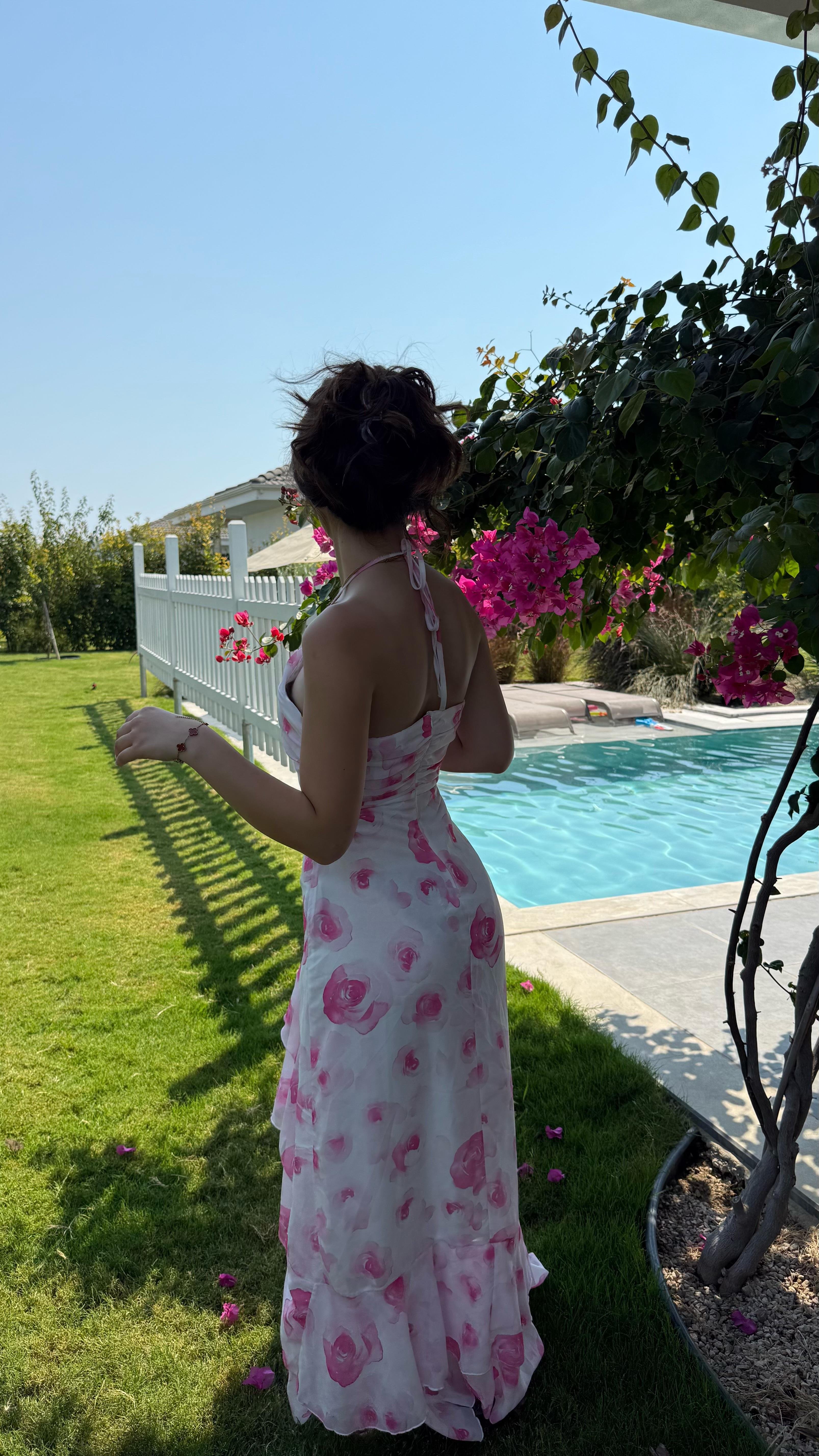 Aspenya Boyun Bağlamalı Elbise Pembe