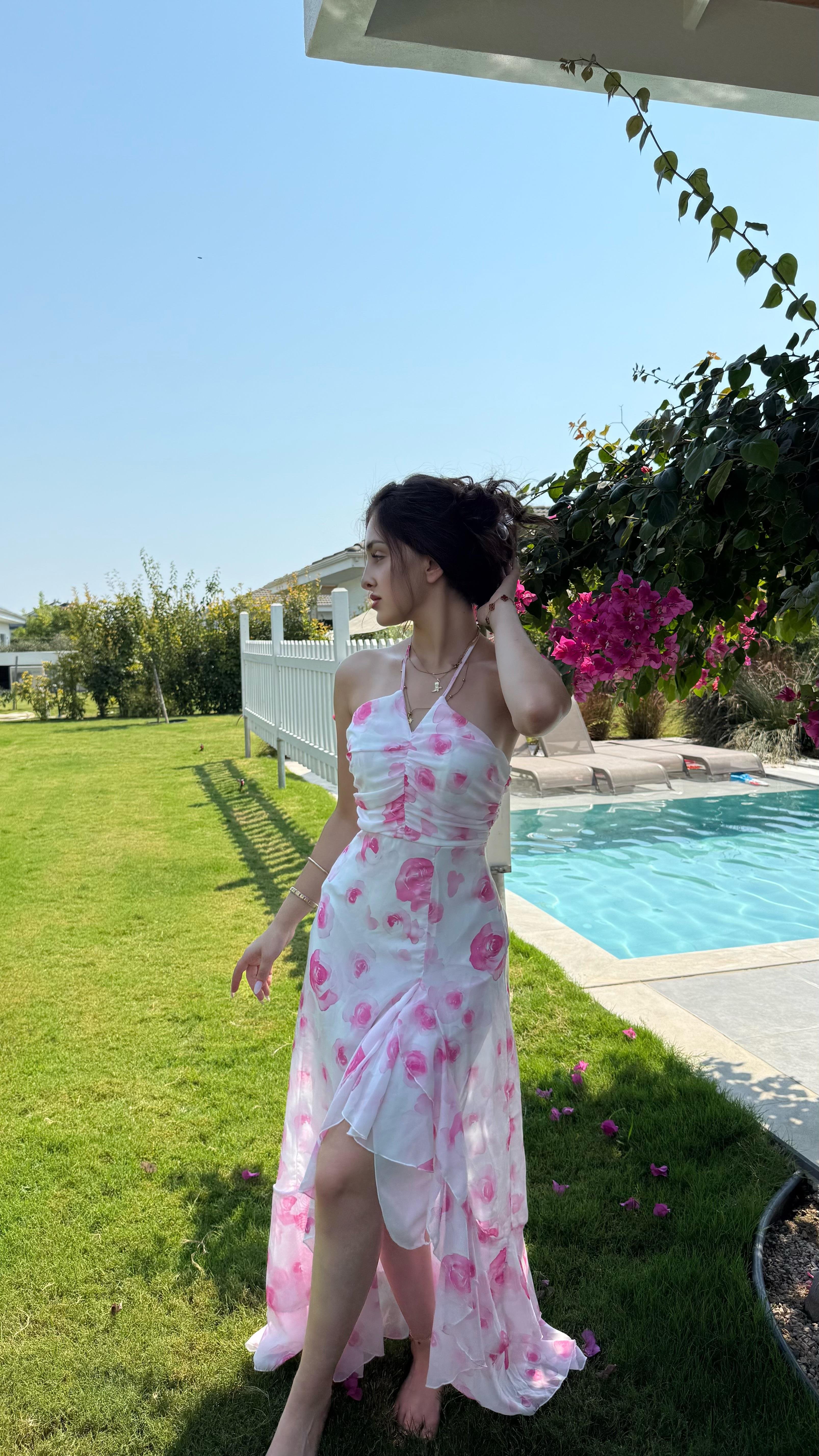 Aspenya Boyun Bağlamalı Elbise Pembe