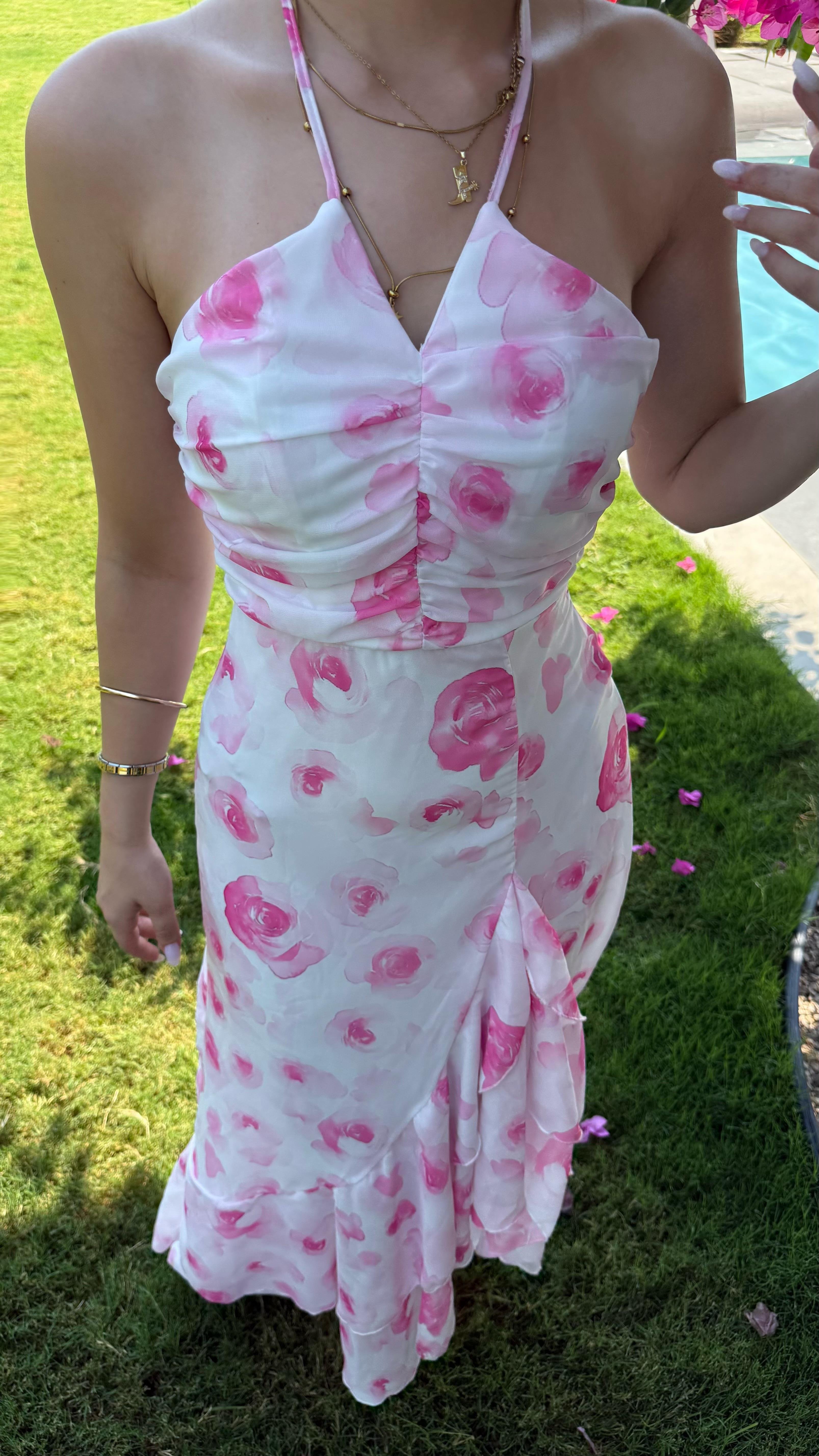 Aspenya Boyun Bağlamalı Elbise Pembe