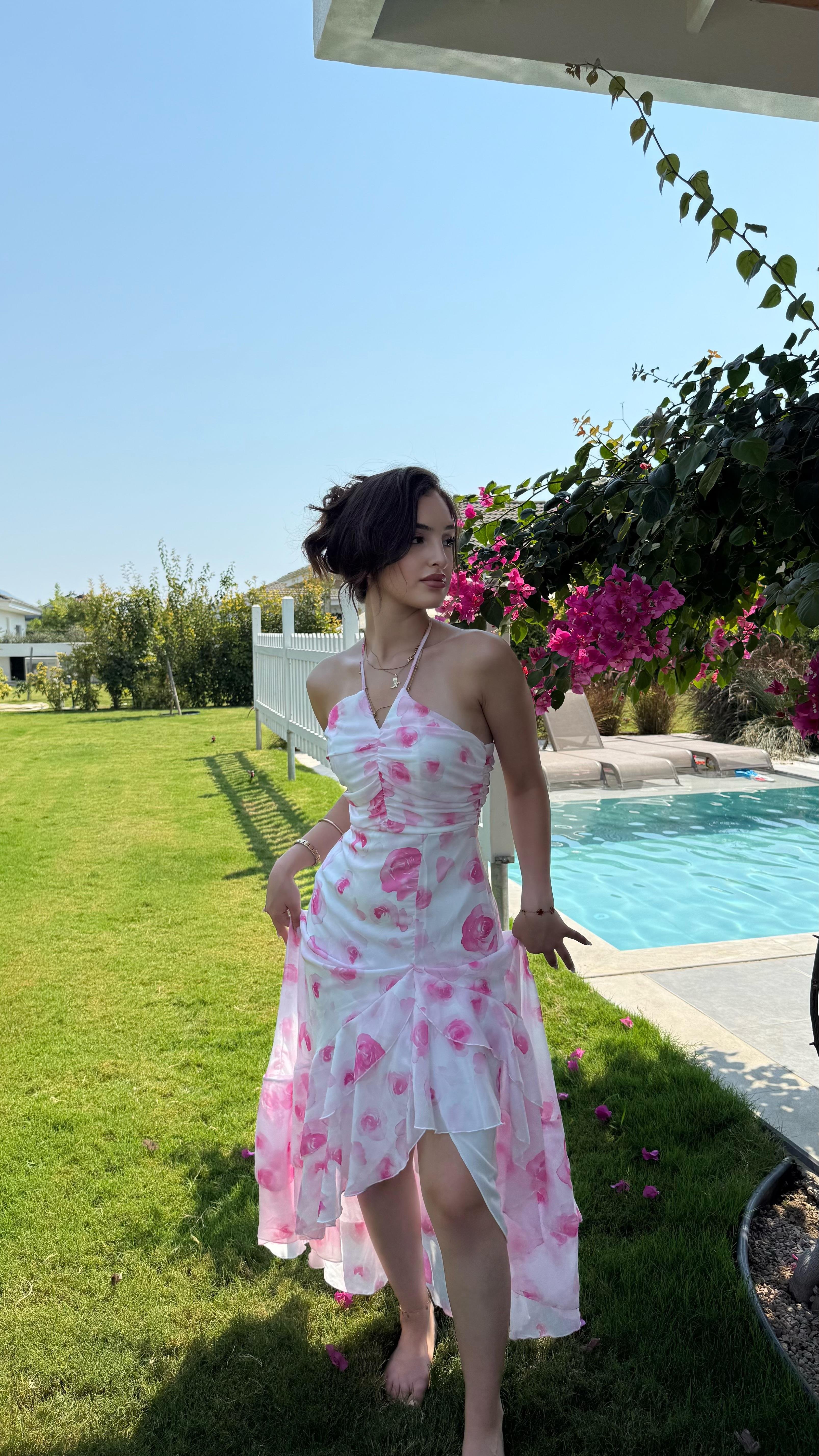 Aspenya Boyun Bağlamalı Elbise Pembe