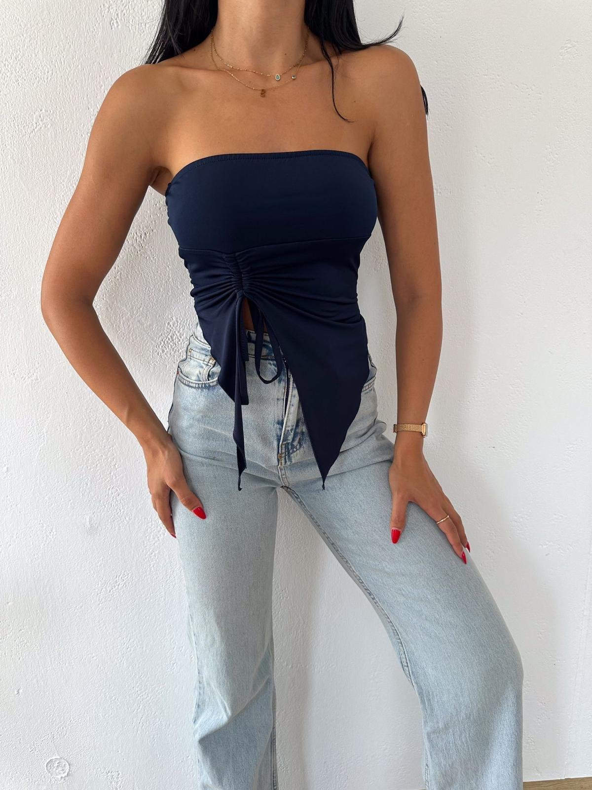 Ayarlanabilir Yırtmaçlı Straplez Crop Lacivert 
