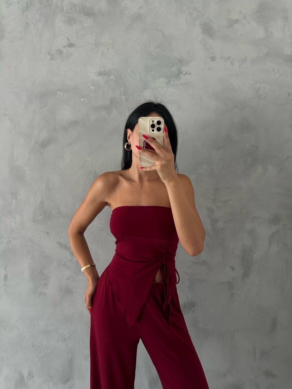 Ayarlanabilir Yırtmaçlı Straplez Crop Bordo