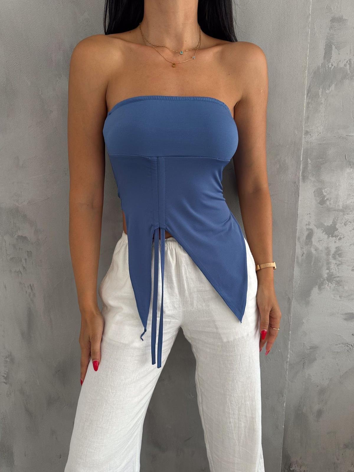 Ayarlanabilir Yırtmaçlı Straplez Crop İndigo