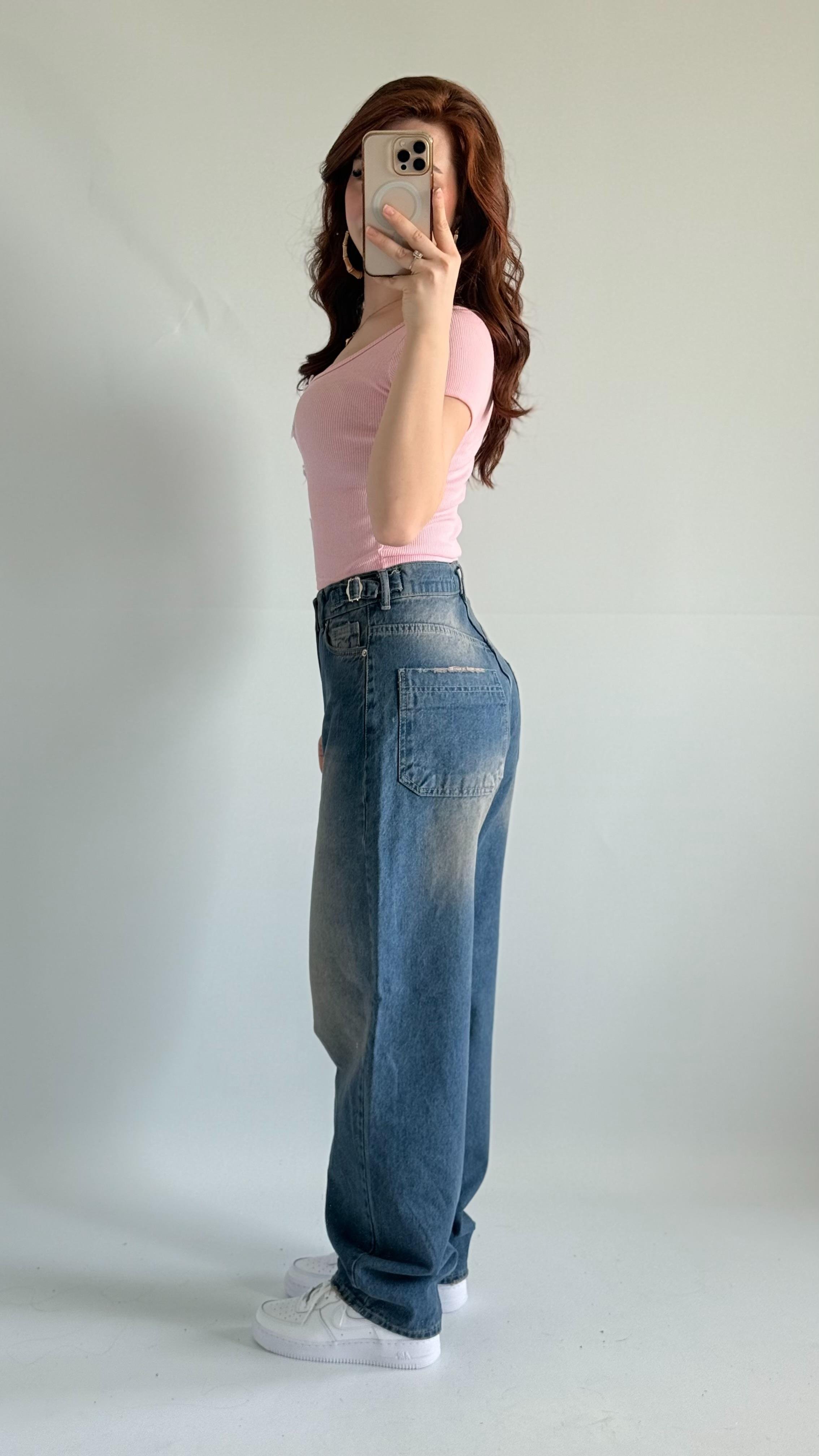 Baggy Mavimsi Çift Kemer Pantolon