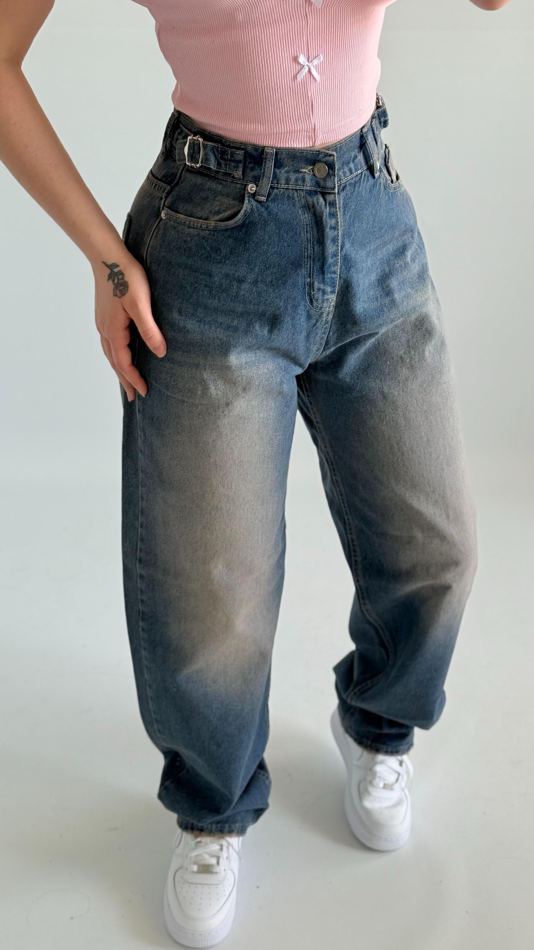 Baggy Mavimsi Çift Kemer Pantolon