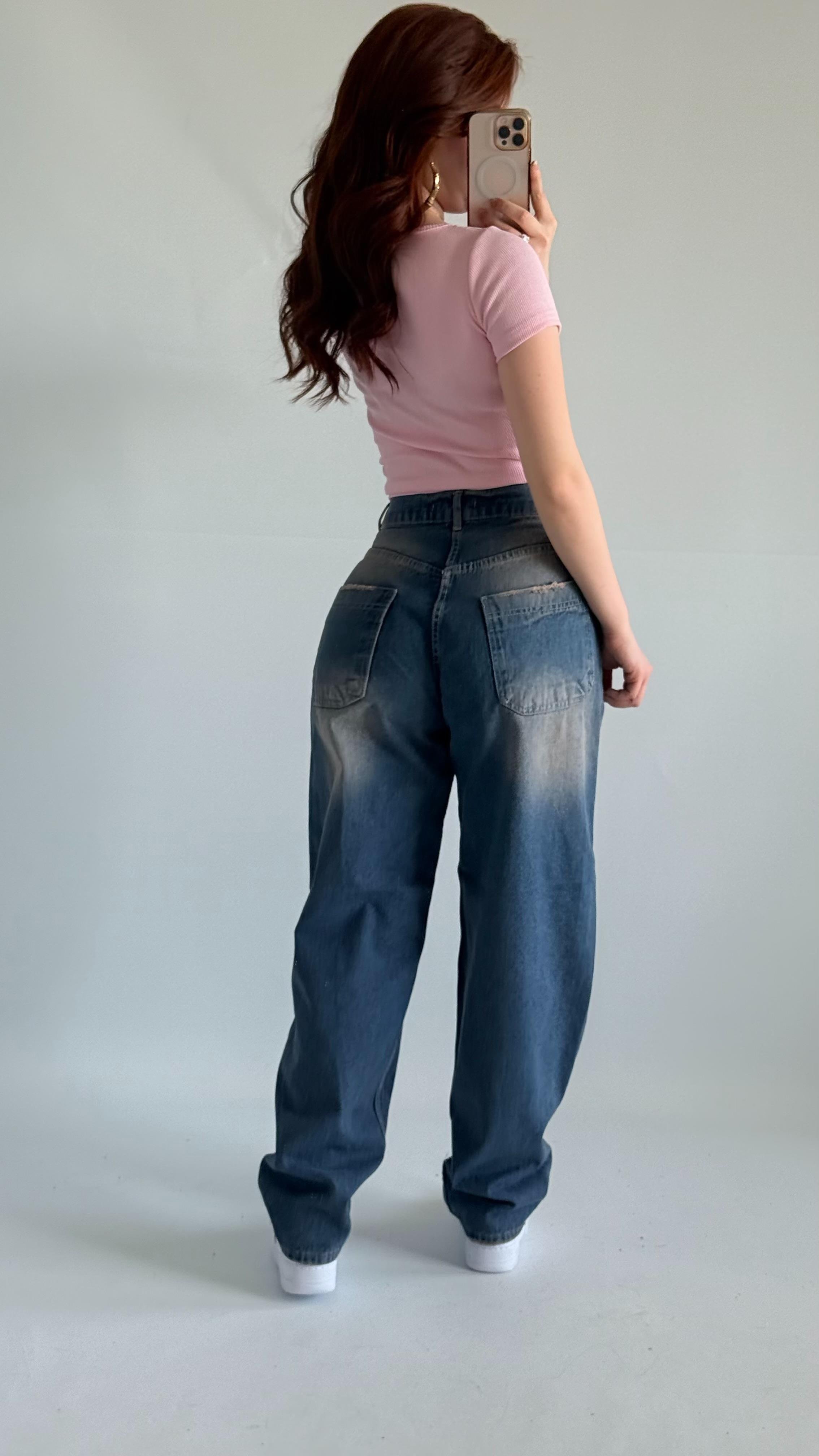 Baggy Mavimsi Çift Kemer Pantolon