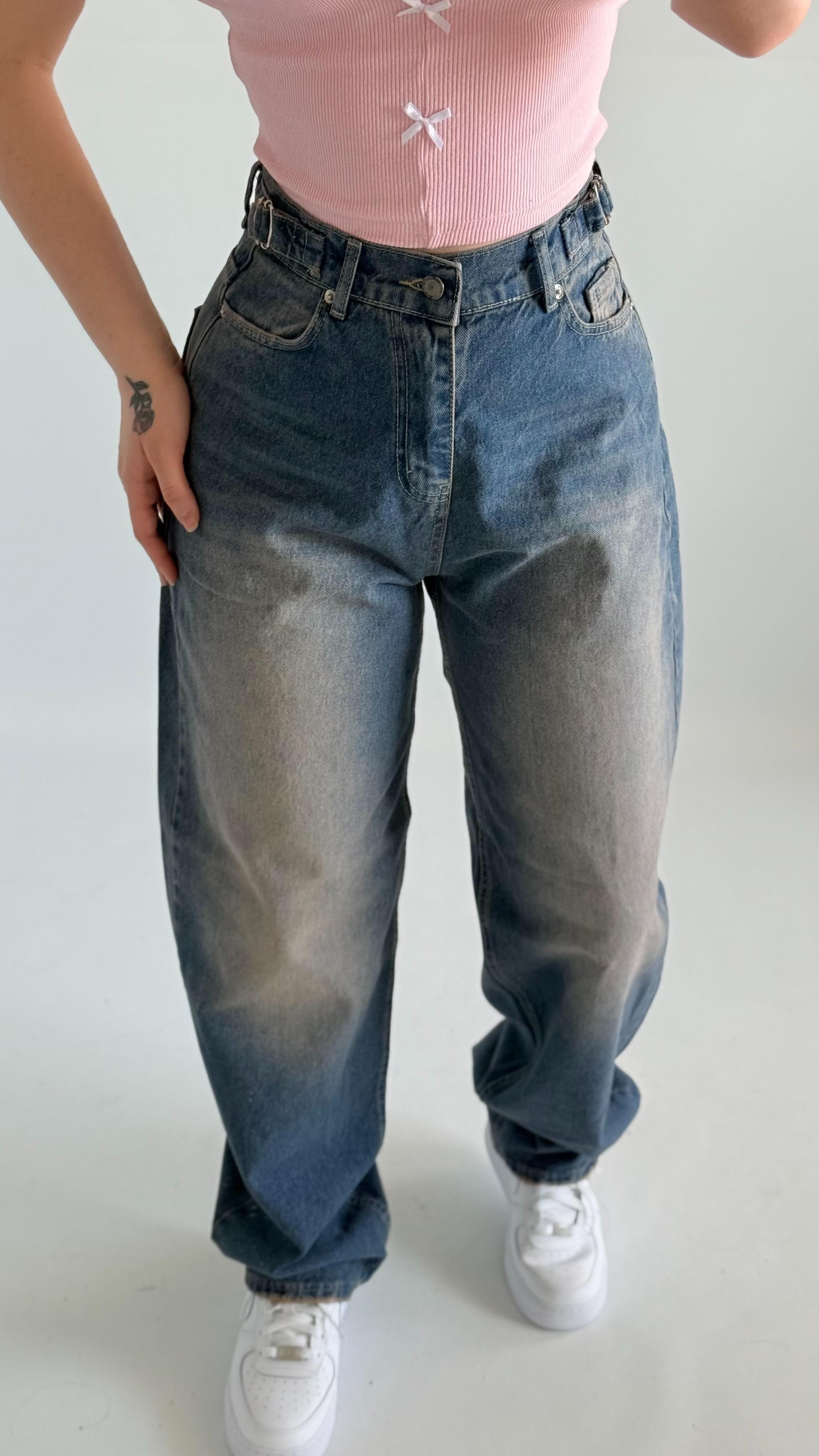 Baggy Mavimsi Çift Kemer Pantolon