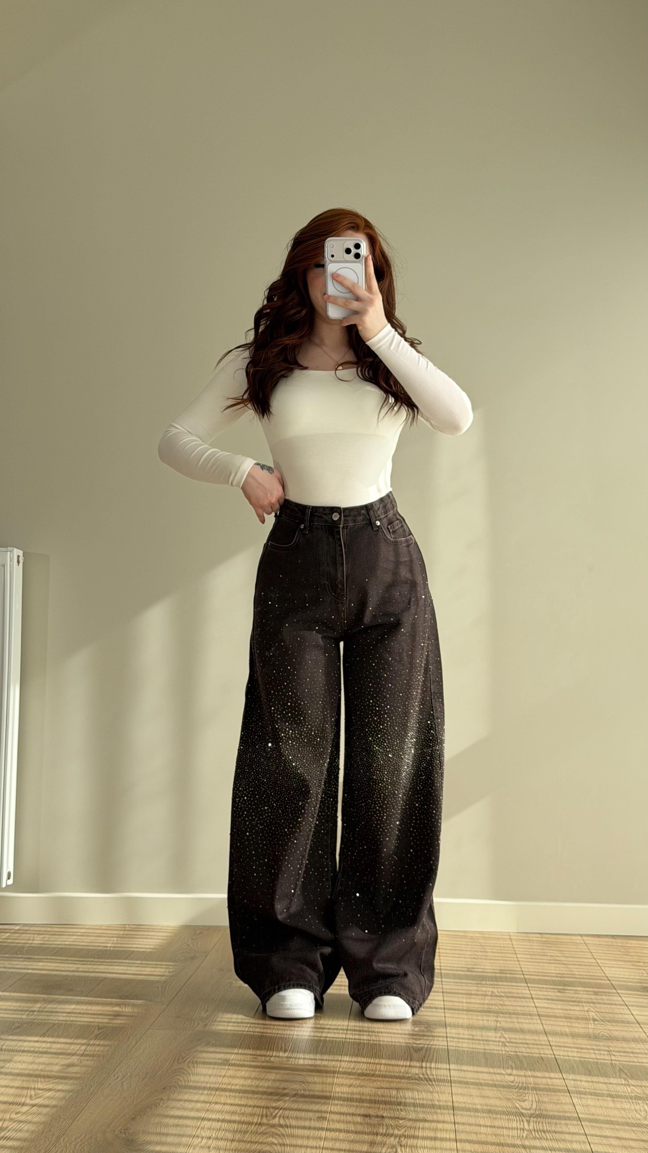 Baggy Ön Arka Taşlı Pantolon Kahverengi